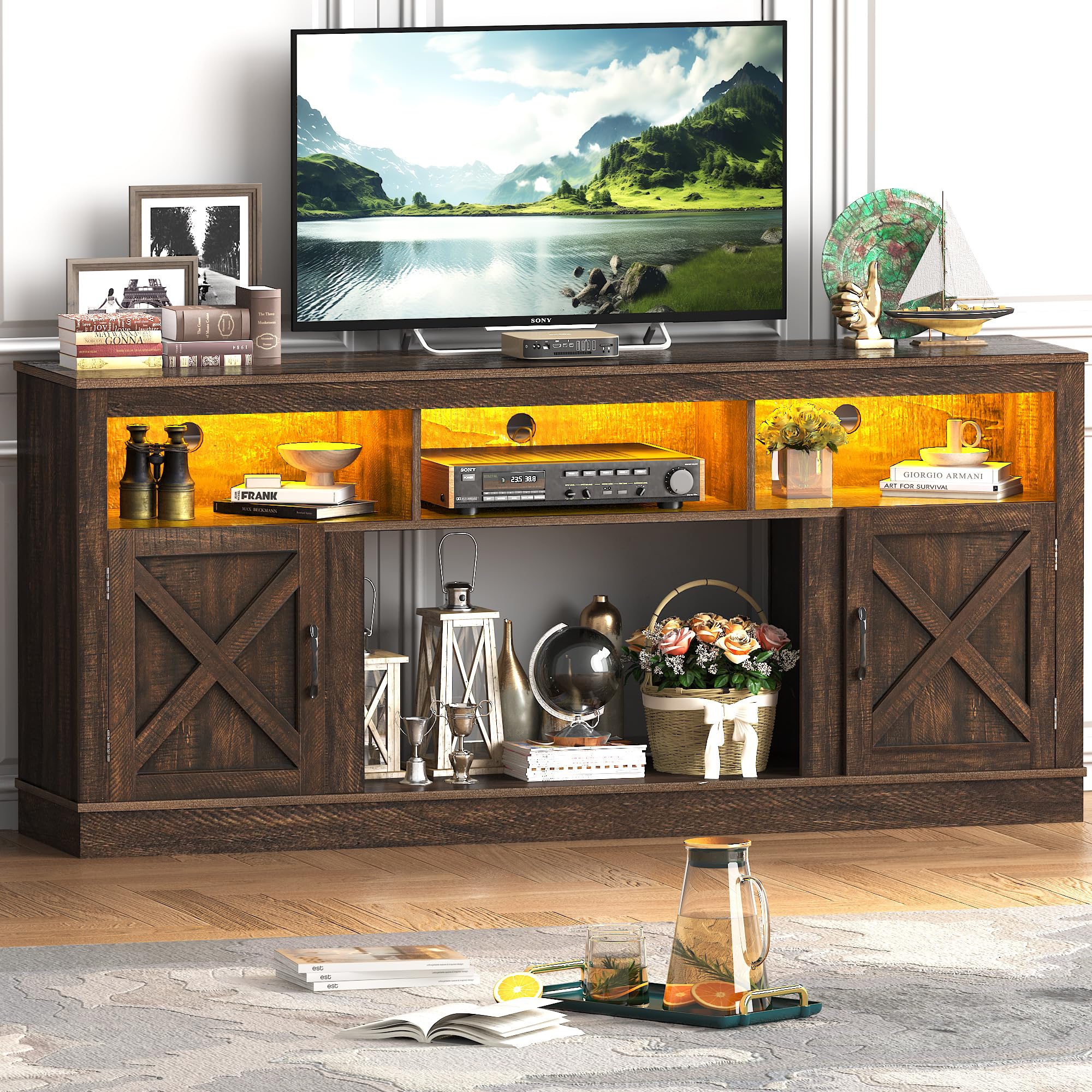 Farmhouse TV Stand for 70-80 Inch TV with LED Light and Barn Doors