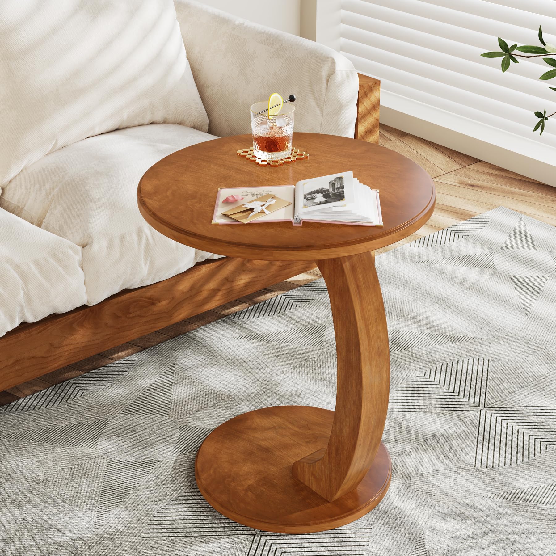 C-Shaped End Table Set of 2 - Wooden Round Side Table Brown