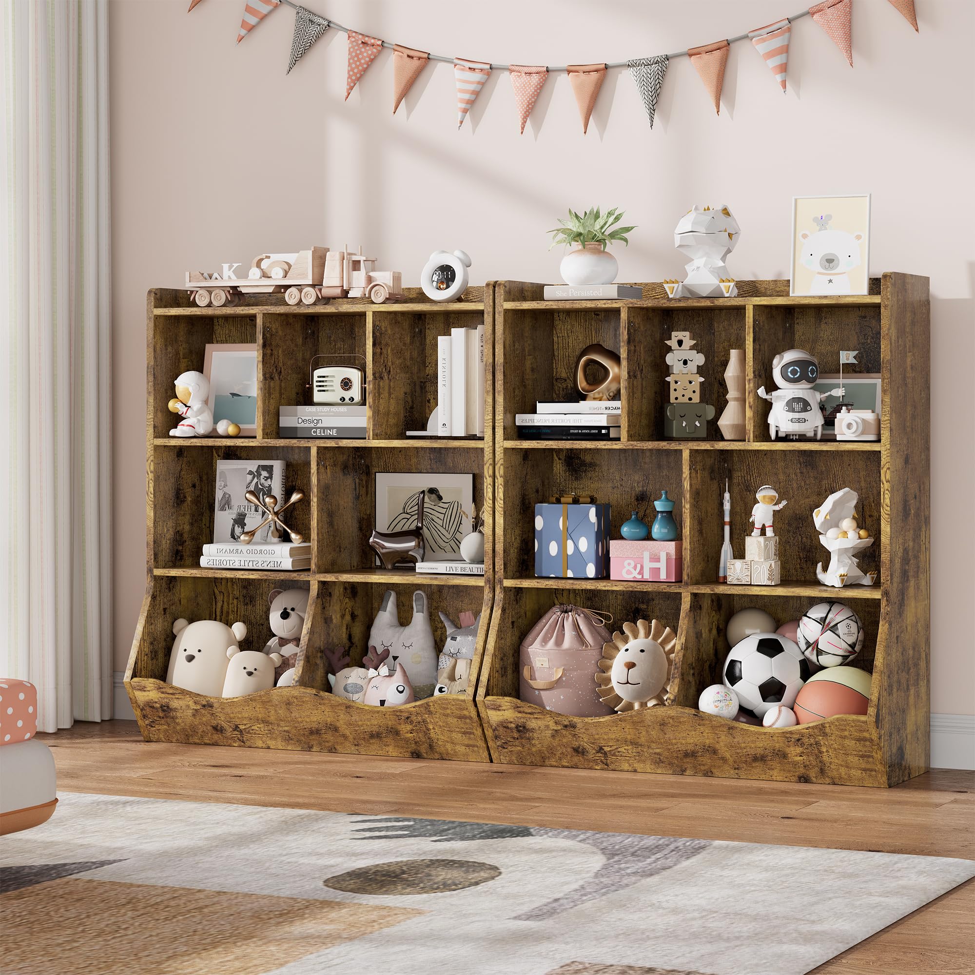 Rustic Brown Toy Storage Cabinet with Tilting Bins
