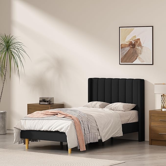 Pink Full Size Upholstered Platform Bed Frame with Wingback Headboard