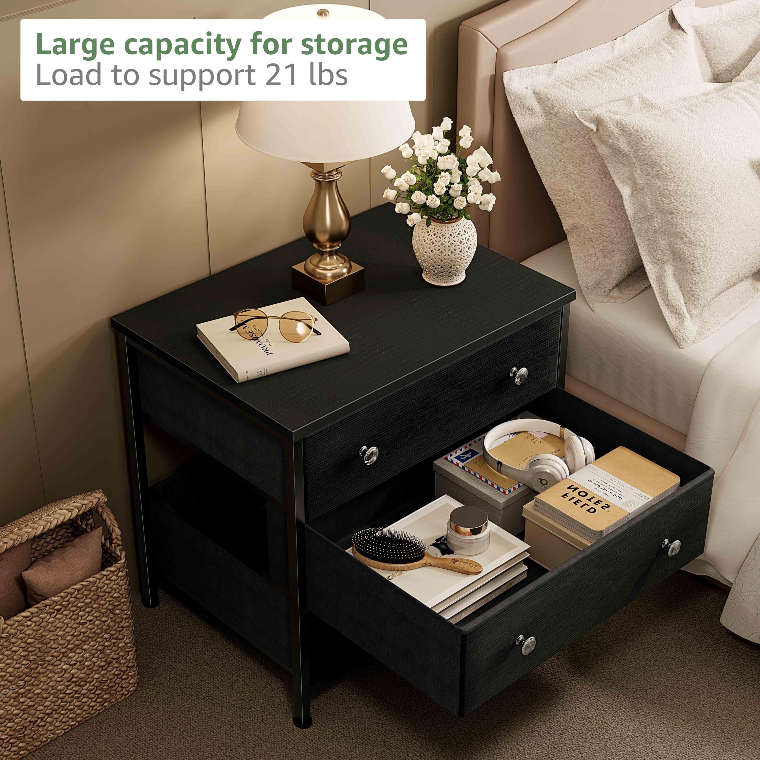 Black Nightstand with Fabric Drawers - 3 Drawer Dresser