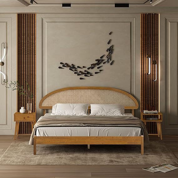 Wooden Bed Frame with Headboard and Natural Rattan King