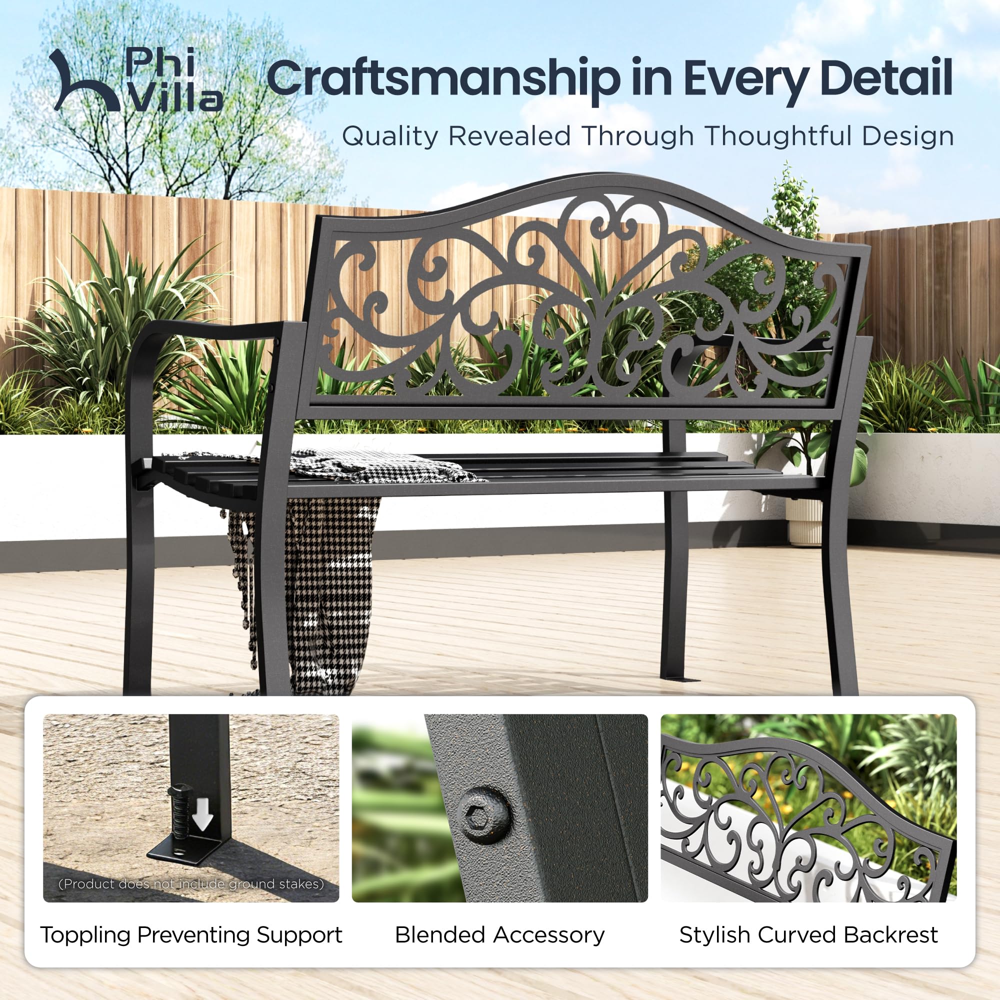 Cast Iron Garden Bench with Floral Backrest