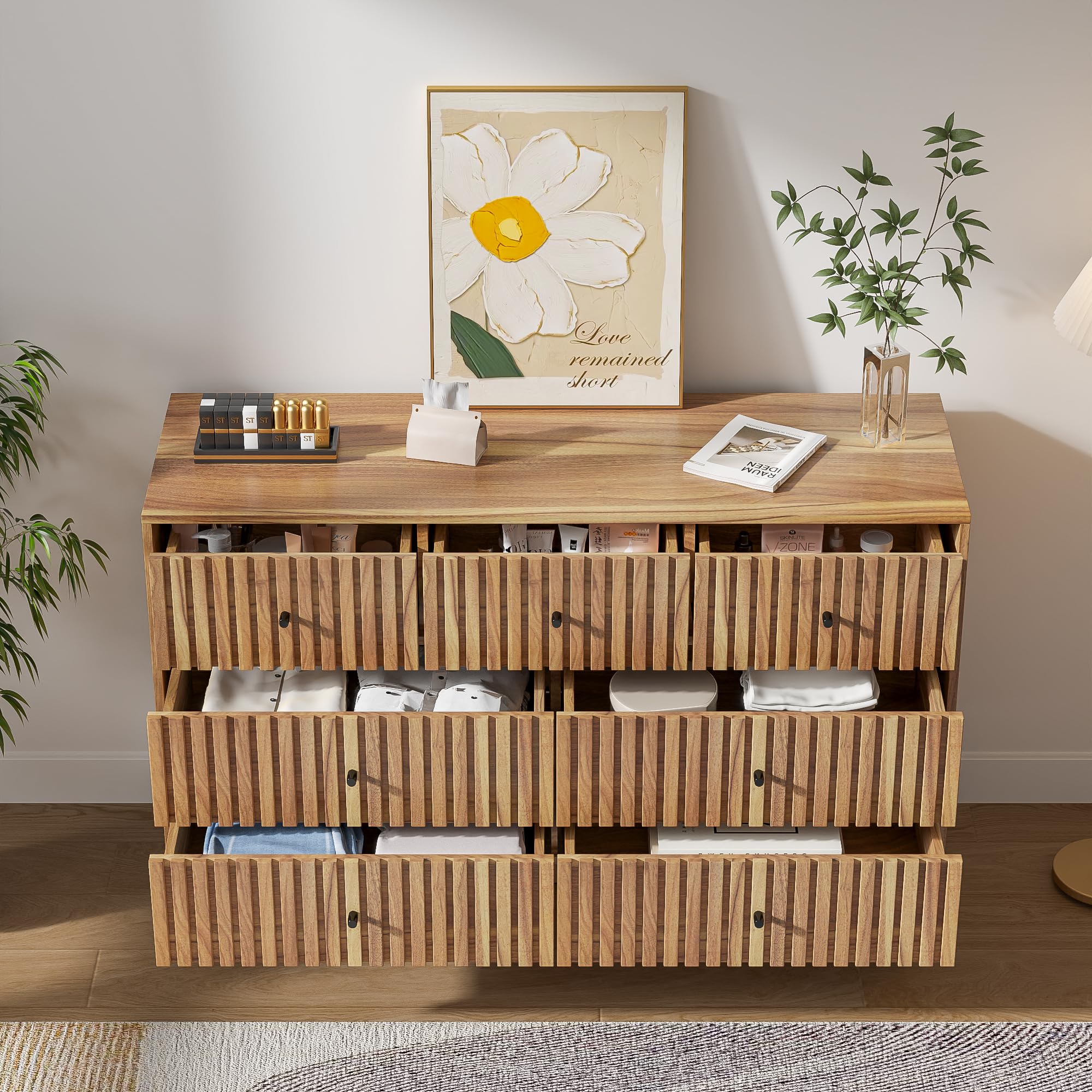 Fluted 7 Drawer Dresser with Black Handles