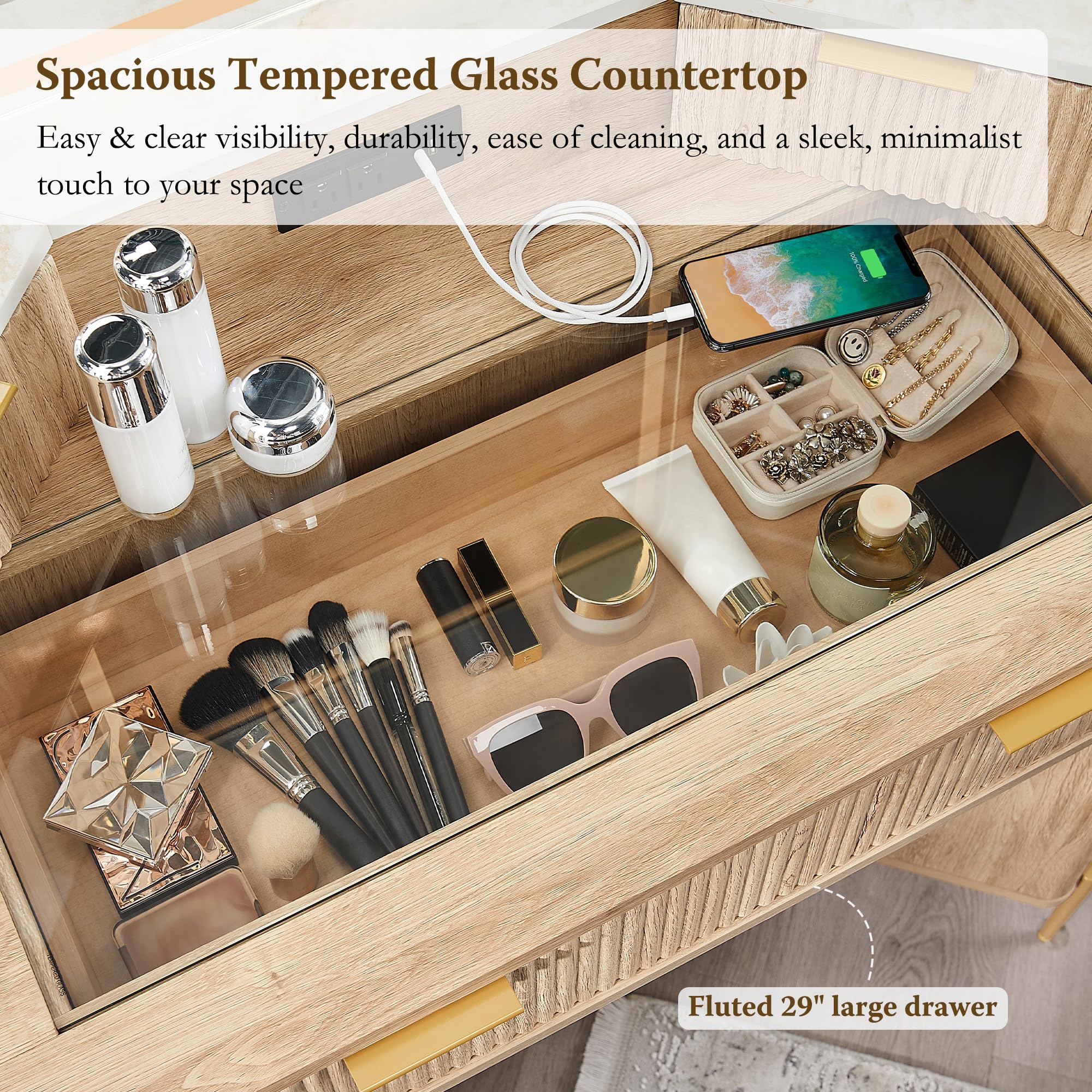 48" Fluted Makeup Vanity Desk with HD Triple Mirror and Lights