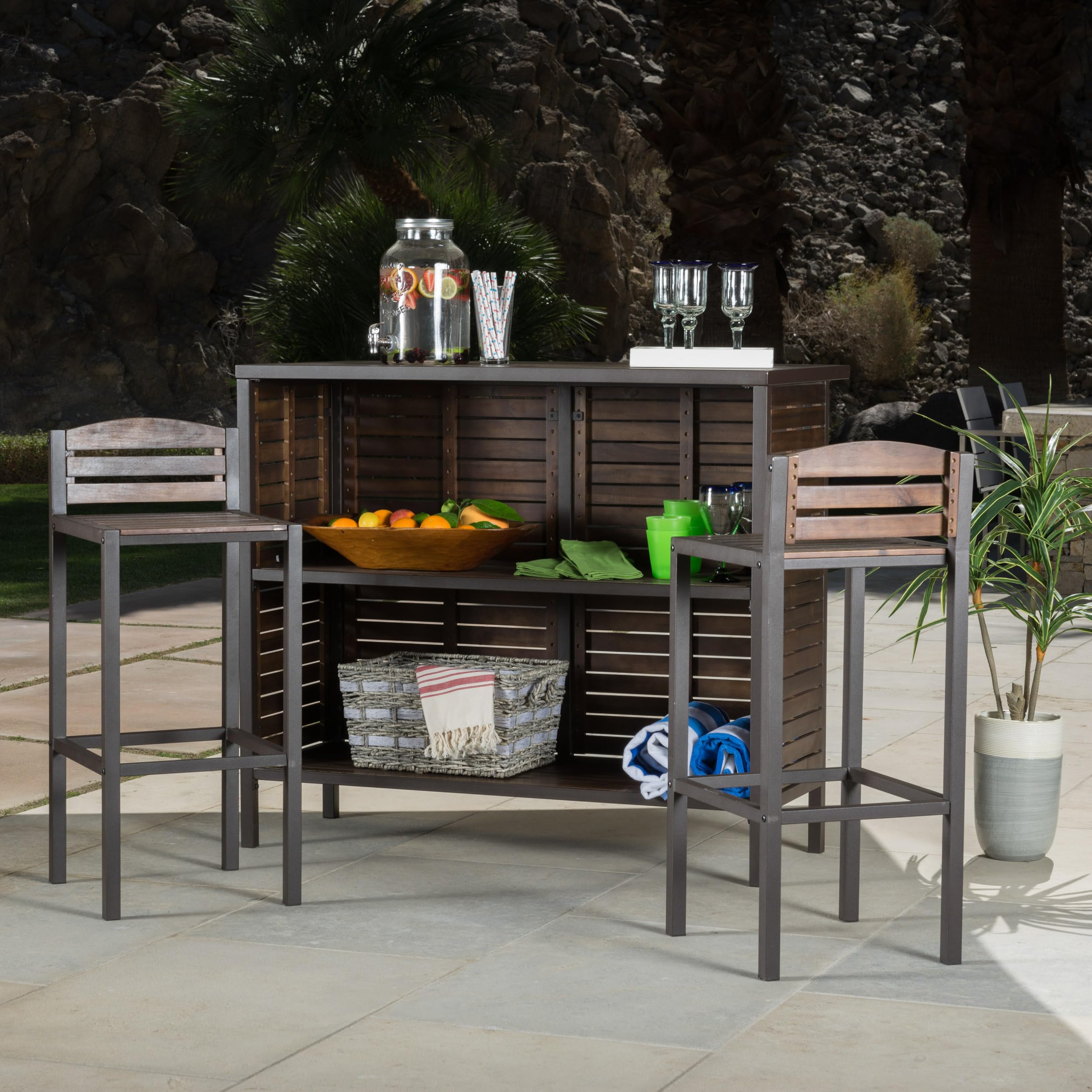 Acacia Wood 3 Piece Bar Set with Storage