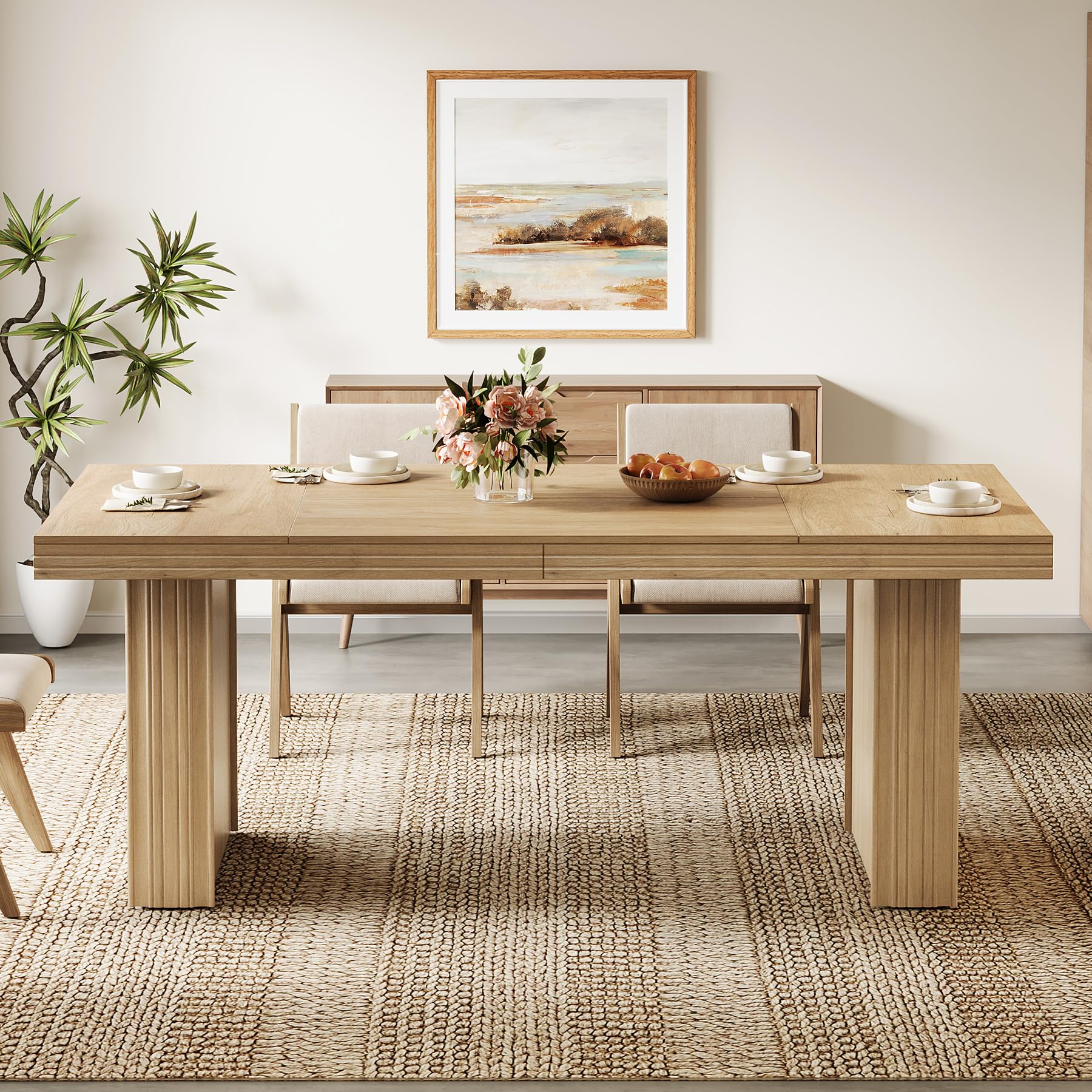 63 Inch Farmhouse Dining Table for 6 with Fluted Line Design