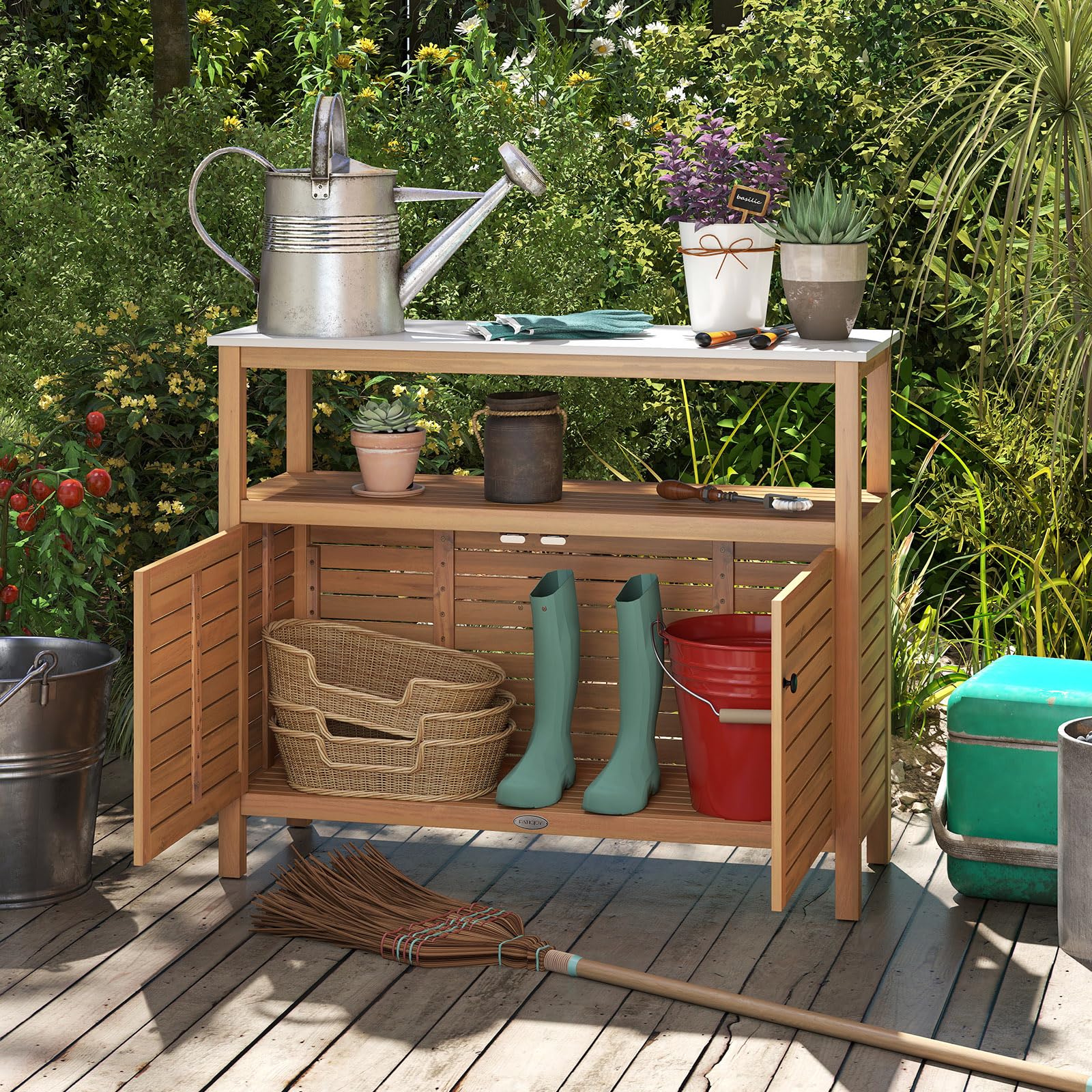 Acacia Wood Patio Storage Cabinet with Marble-Like Countertop