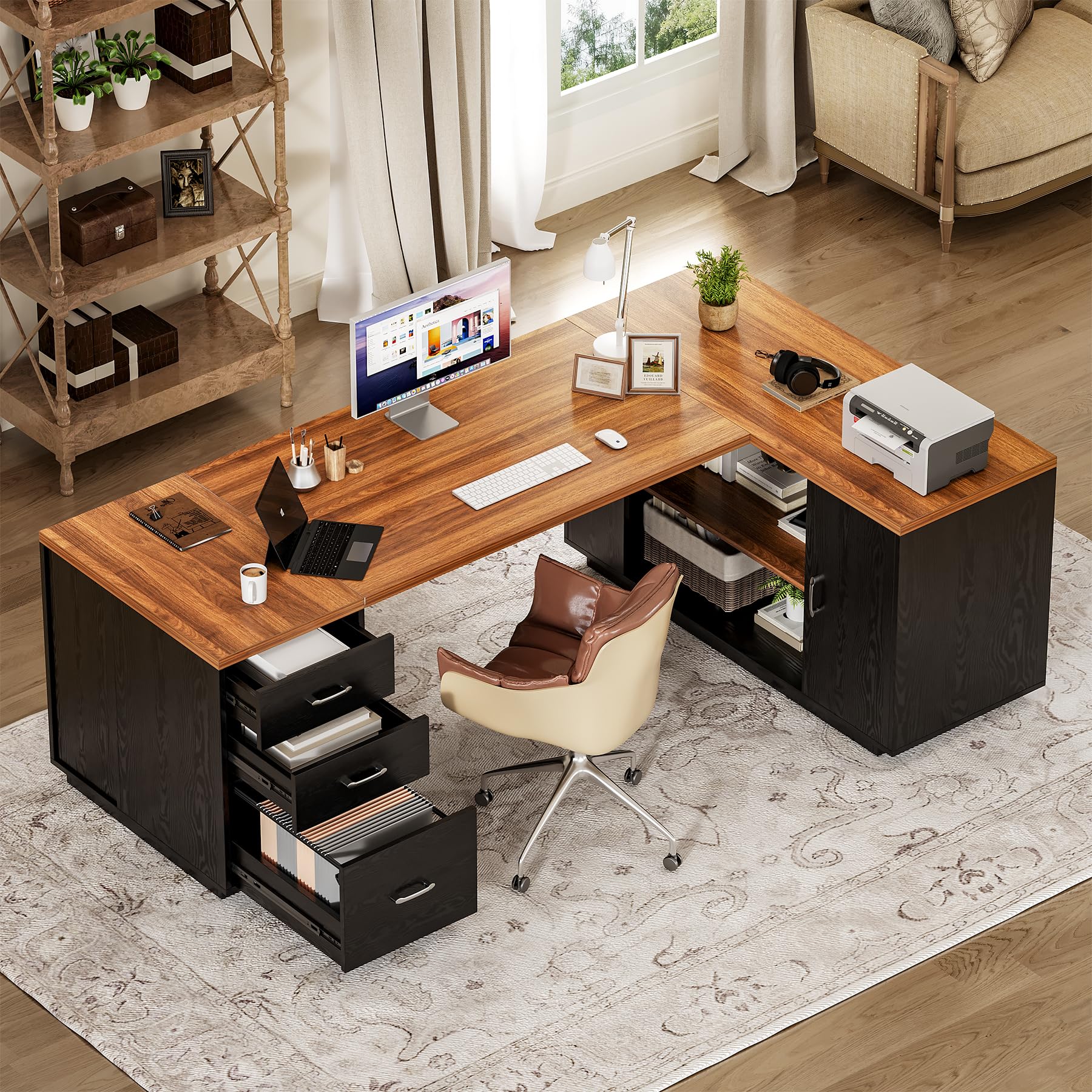 87-Inch Modern Executive Desk with File Cabinet