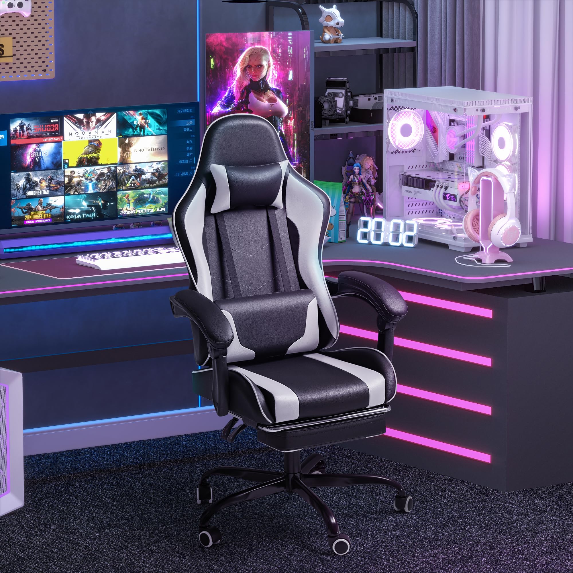 Ergonomic Gaming Chair with Footrest and Massage Lumbar Support