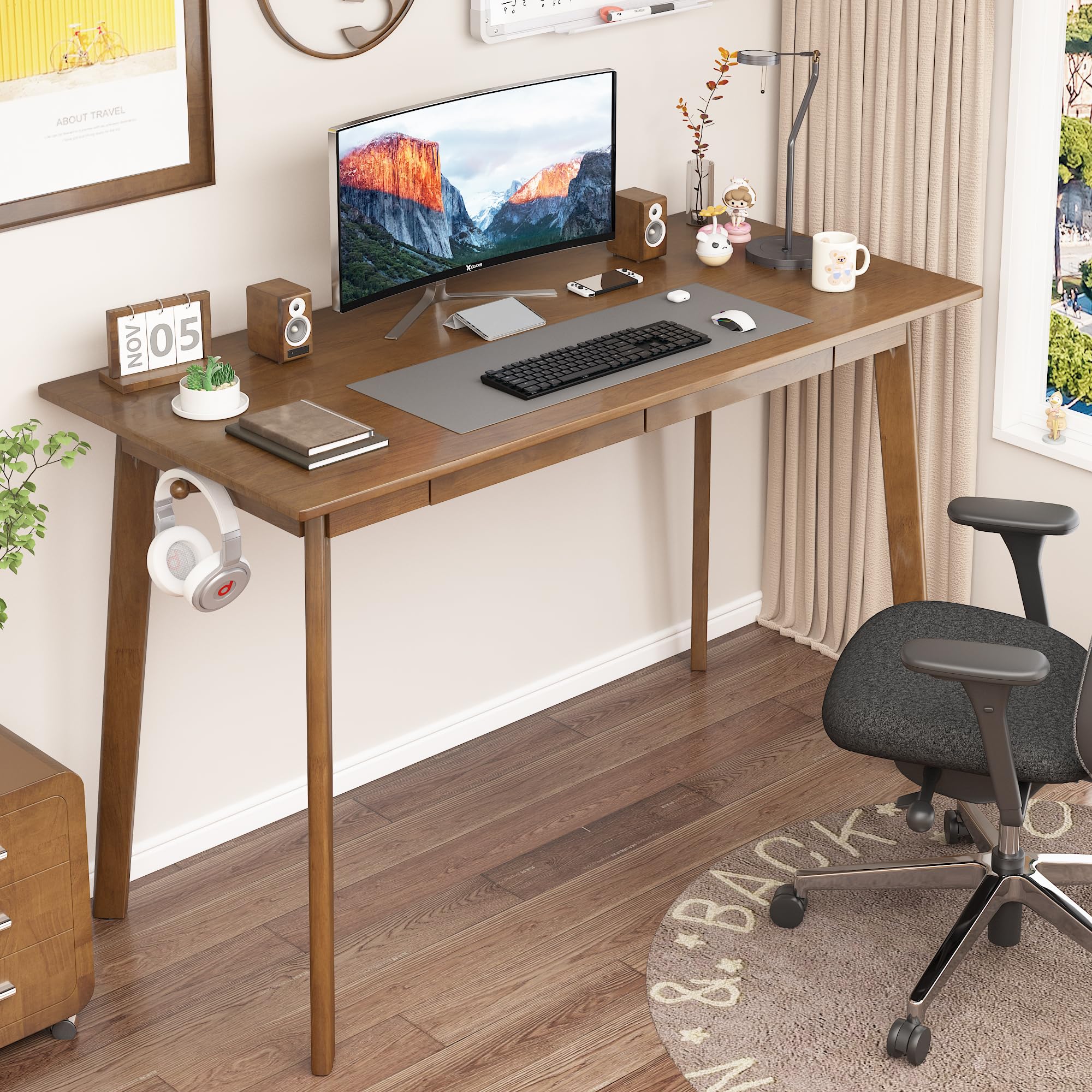 48-Inch Solid Wood Desk with Drawers and Hooks