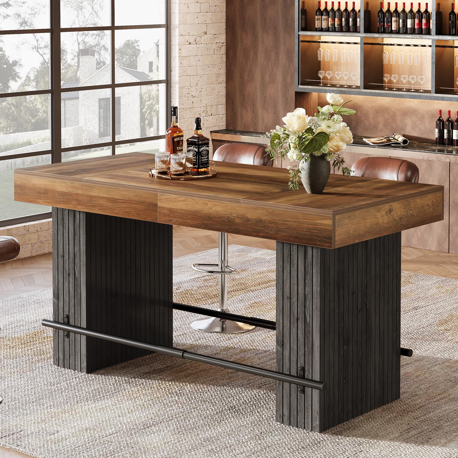 Industrial Counter Height Bar Table with Metal Footrest