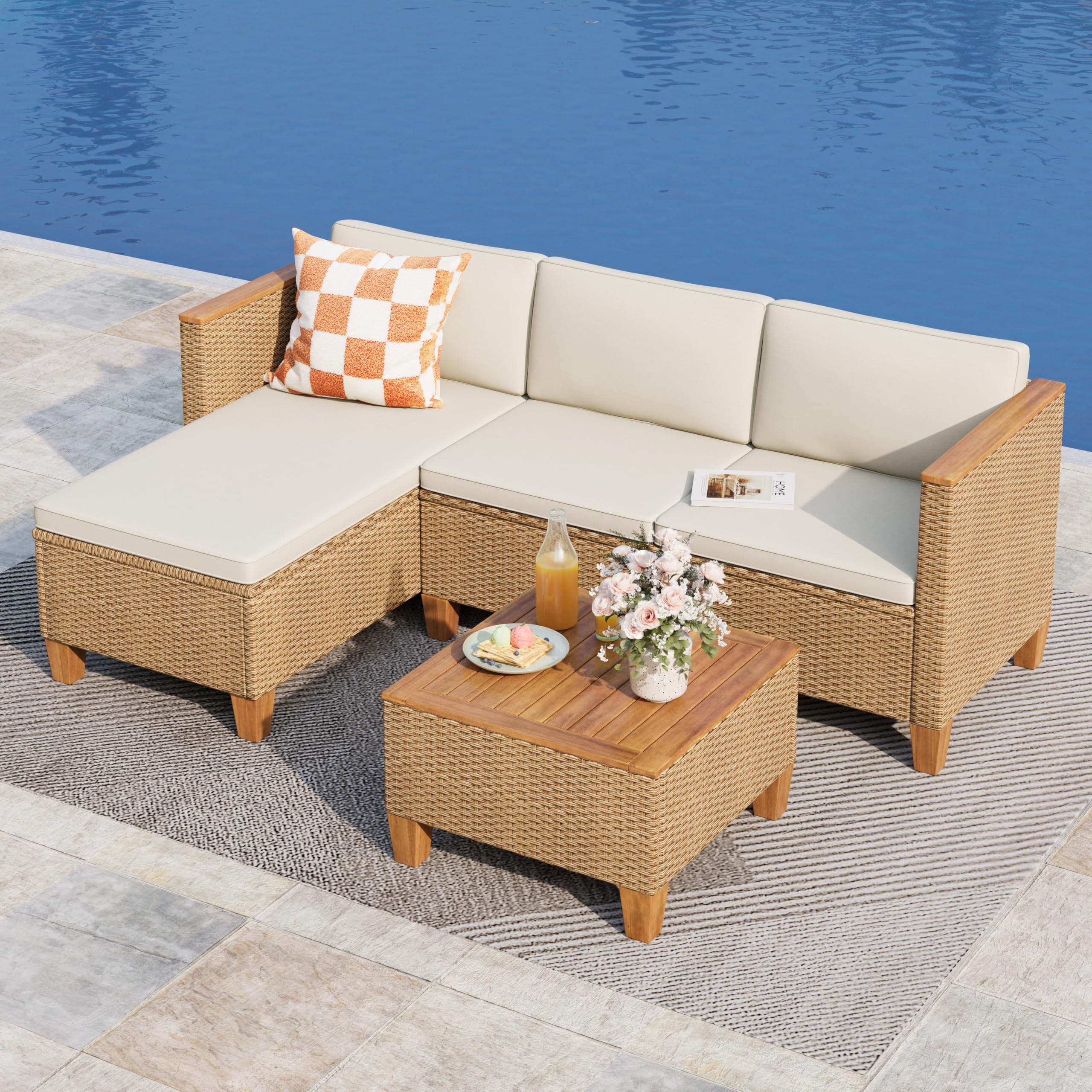 3 Piece Wicker Patio Furniture Set with L-Shaped Sofa