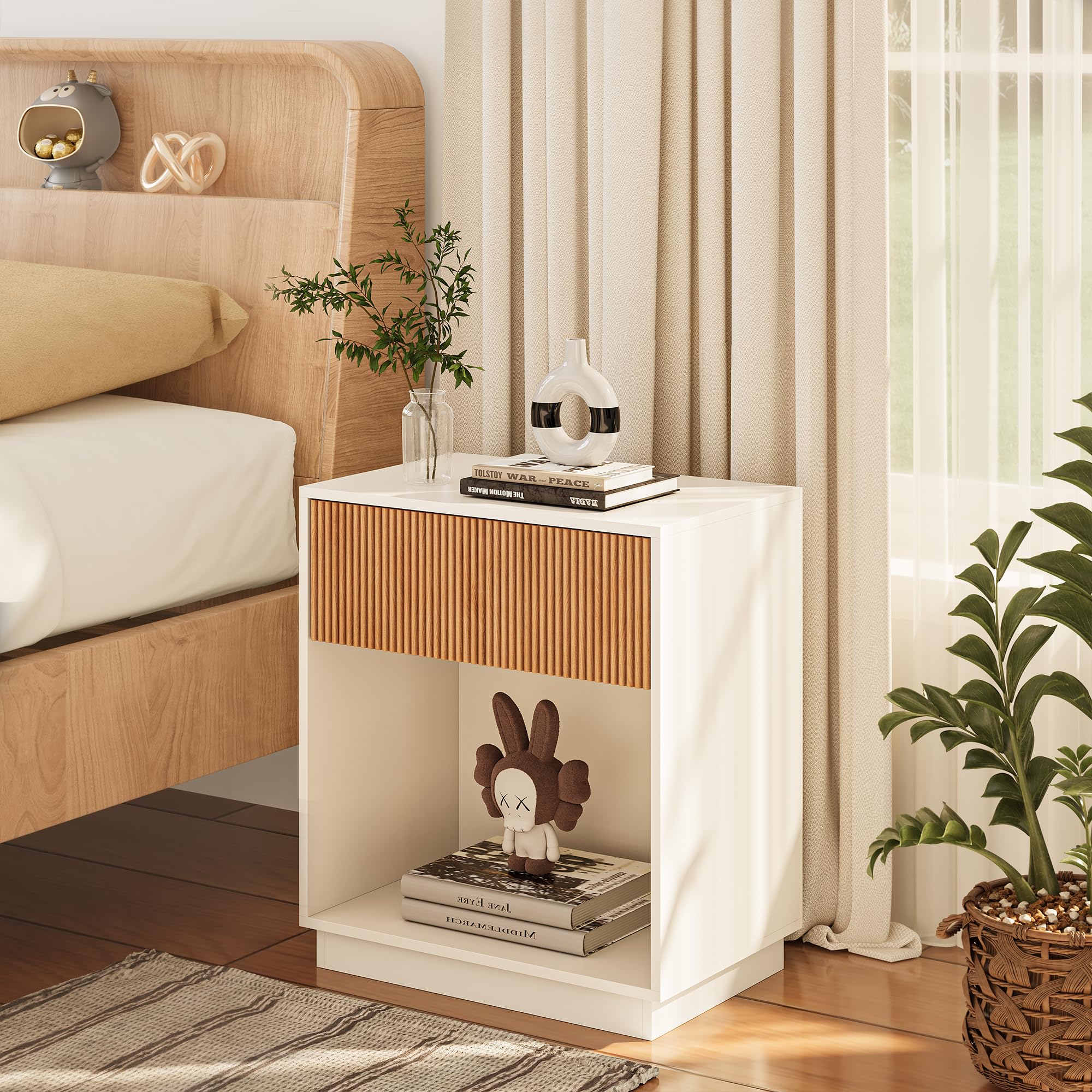 Fluted Nightstands Set of 2 with Drawer and Storage Shelf