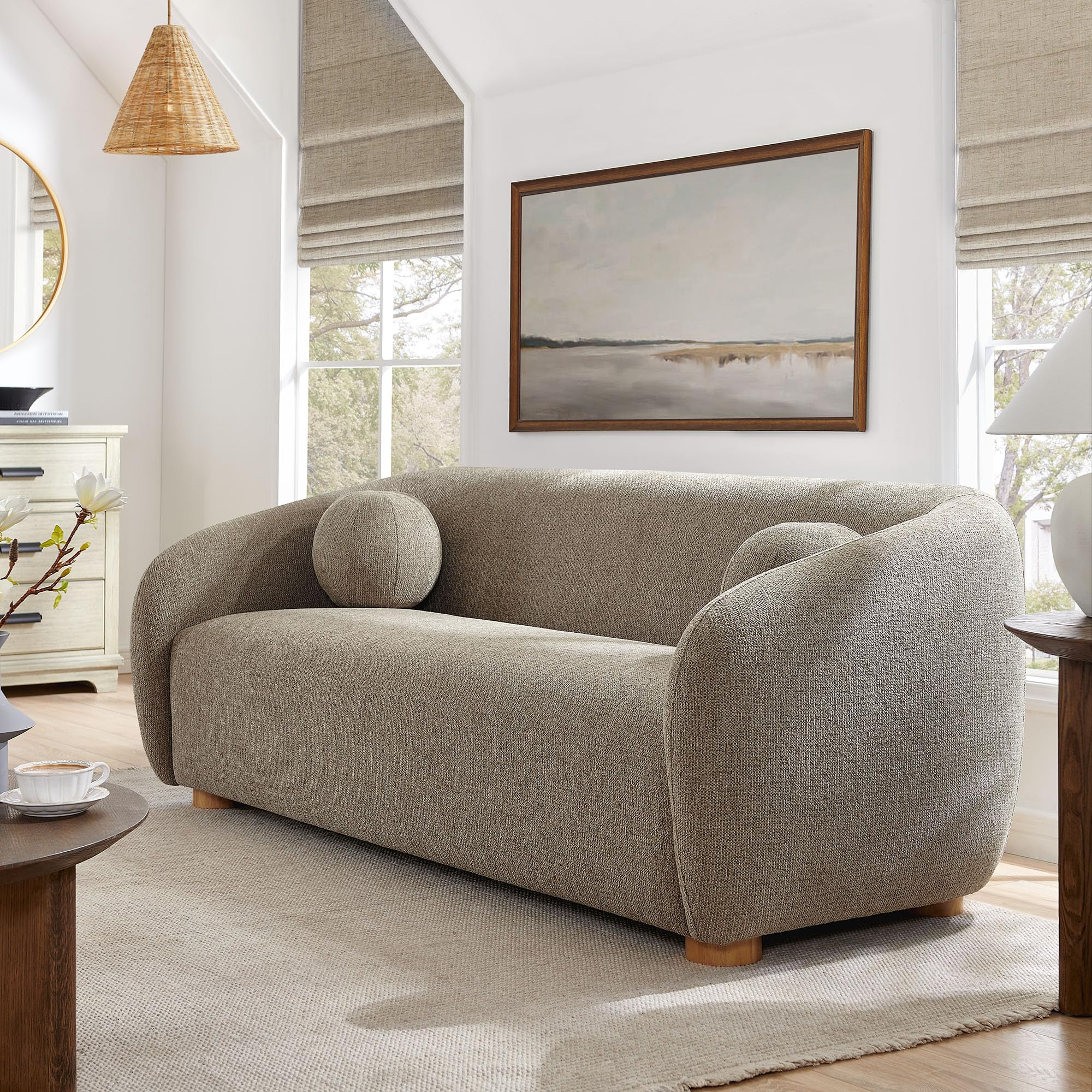 85 Inch Curved Back Sofa with Ball Throw Pillows