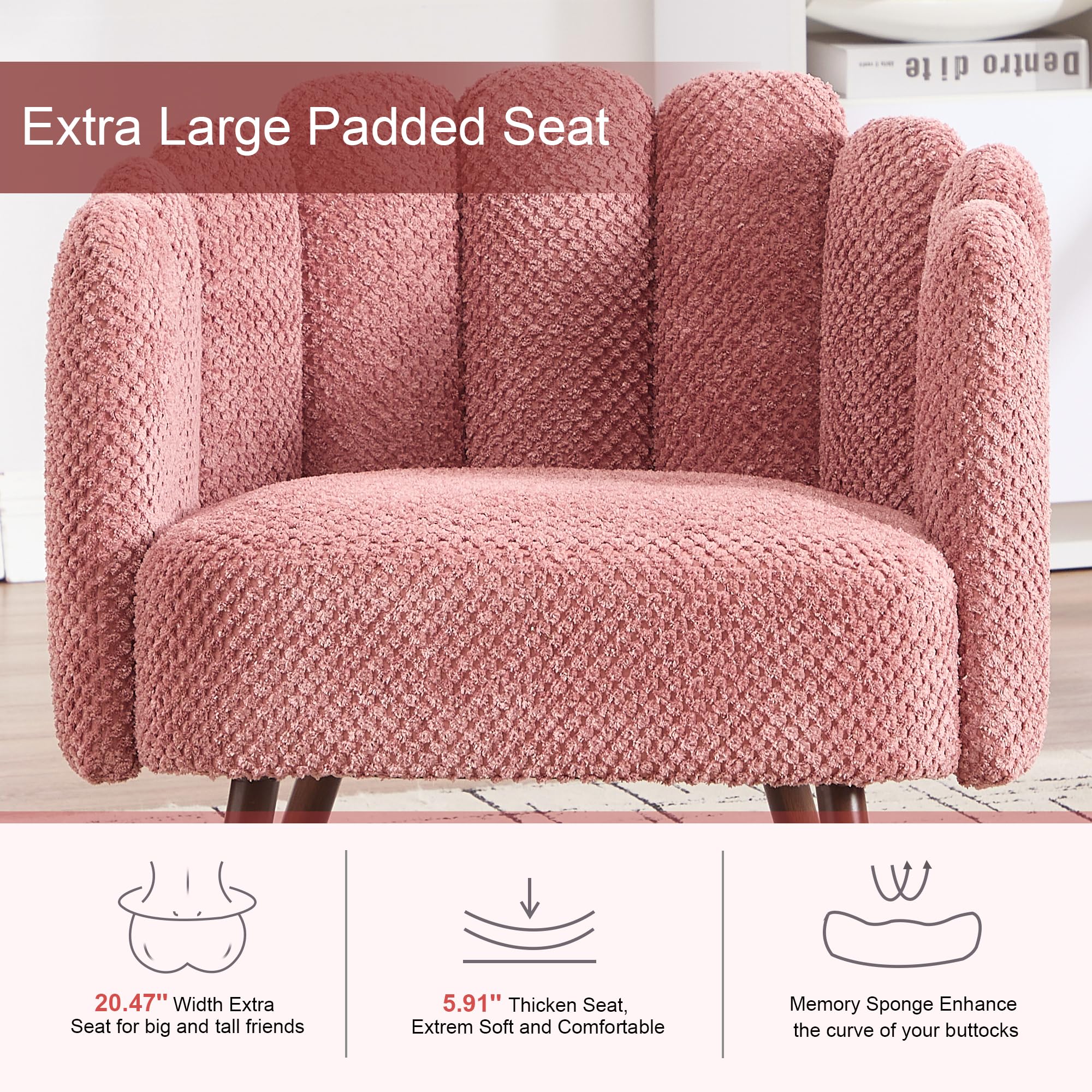 Okeysen Petal Vanity Cute Chair, Velvet Accent Chairs with Wood Leg, Vanity & Makeup Room, Mid Century Reading Armchair for Living Room, Bedroom.