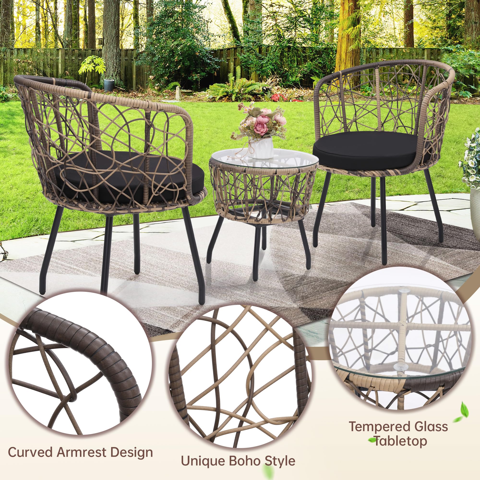 3 Piece Bistro Set with Tempered Glass Table and Wicker Chairs