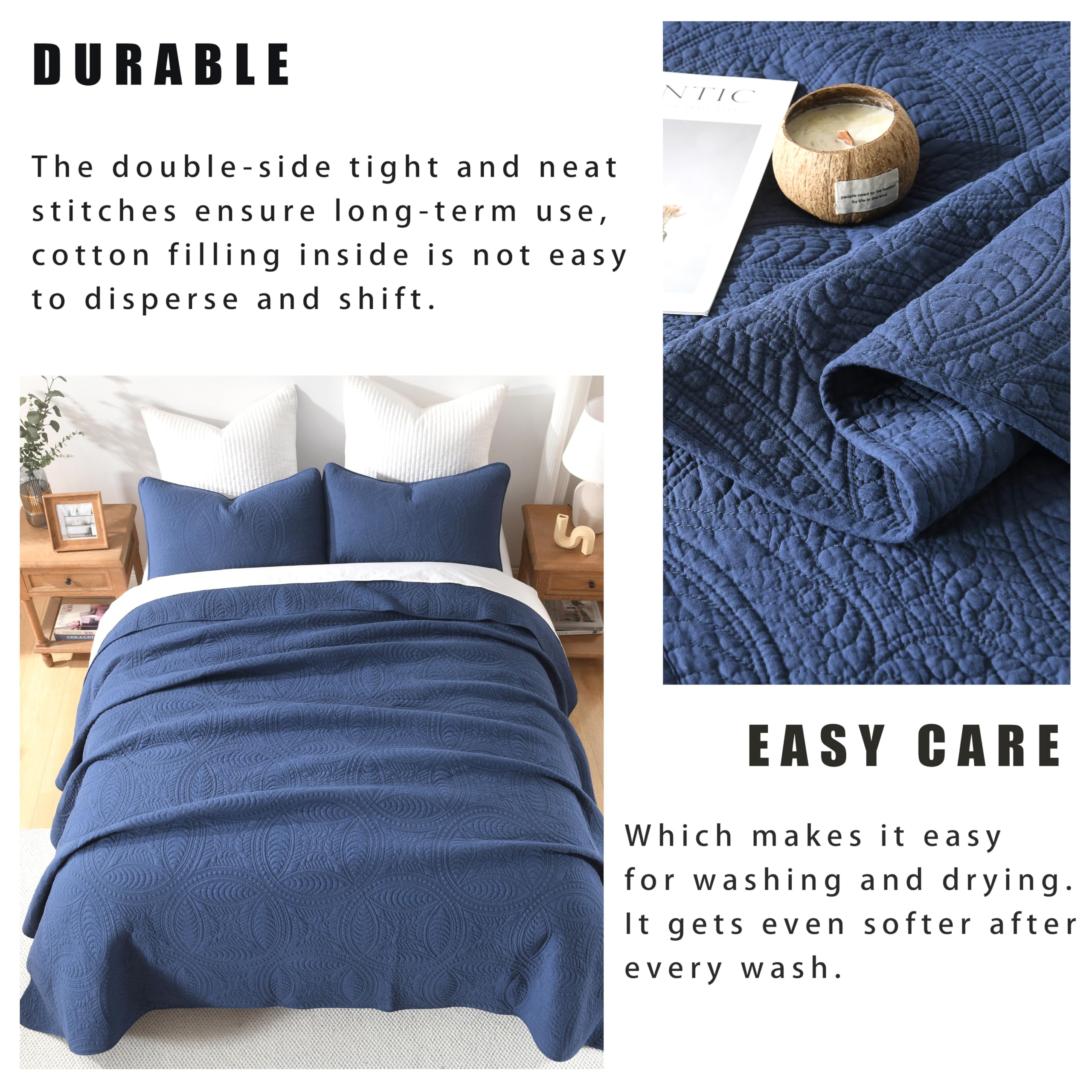 Cotton Quilt Set Queen Size Navy Blue