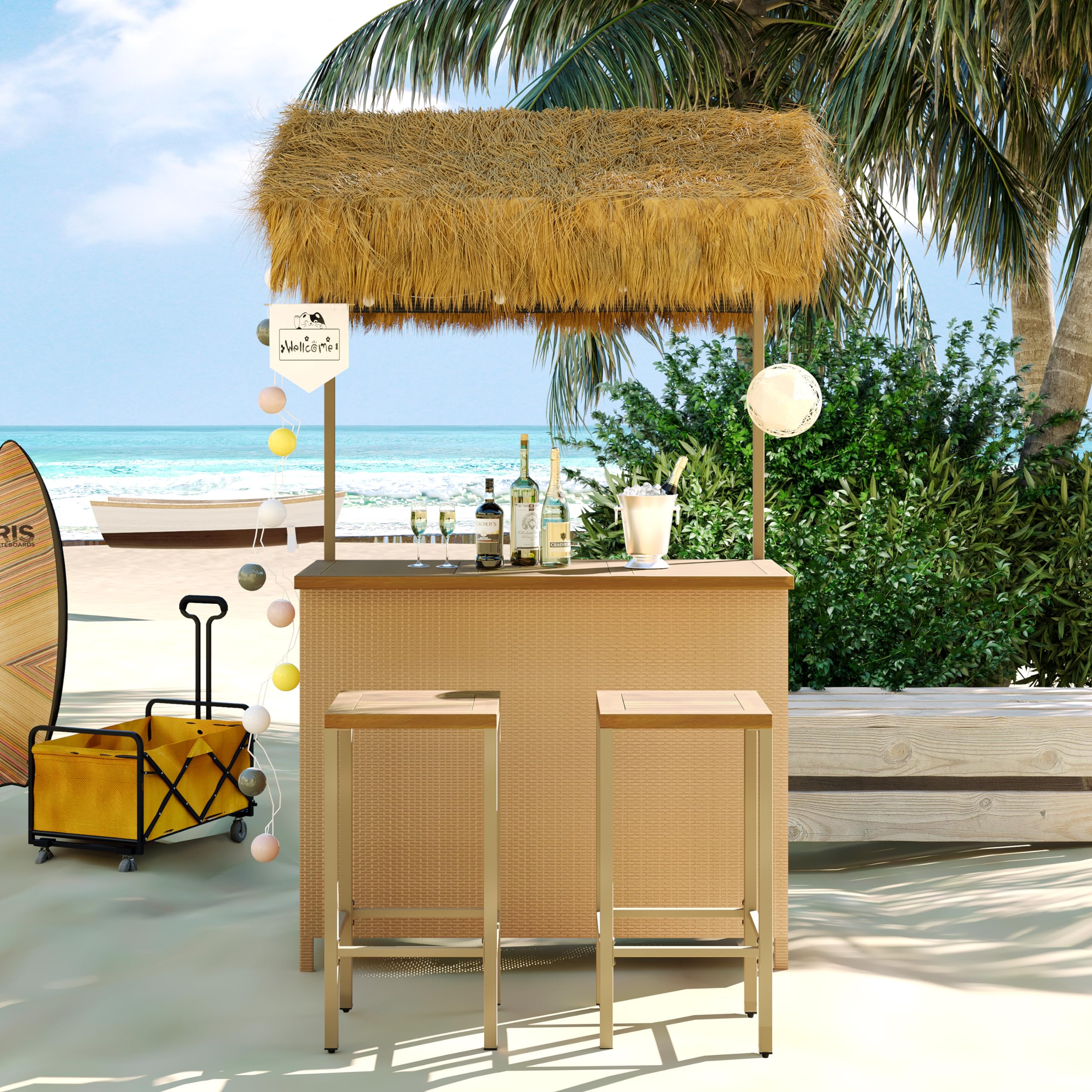 Hawaiian Style Outdoor Bar Set with 2 Stools