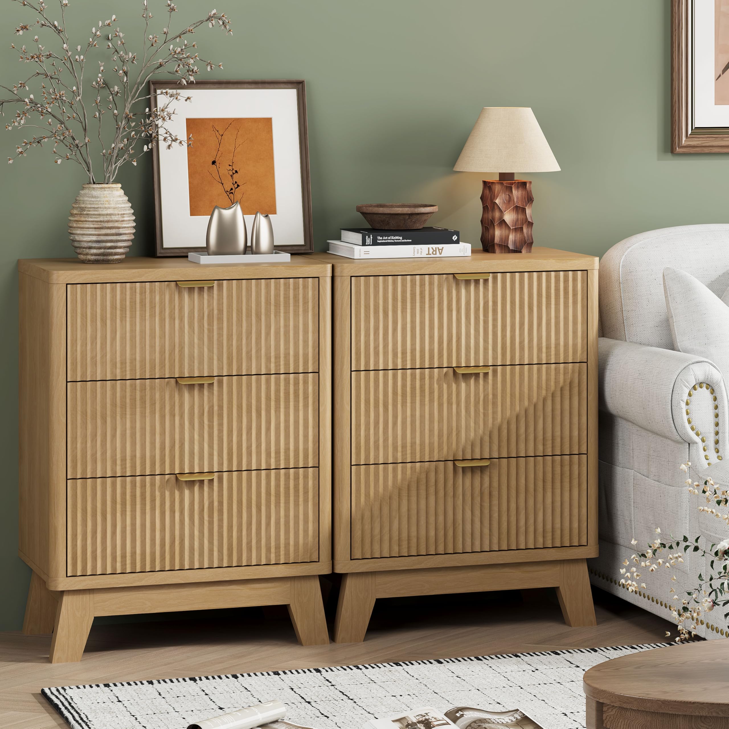 3-Drawer Fluted Nightstand with Metal Handle