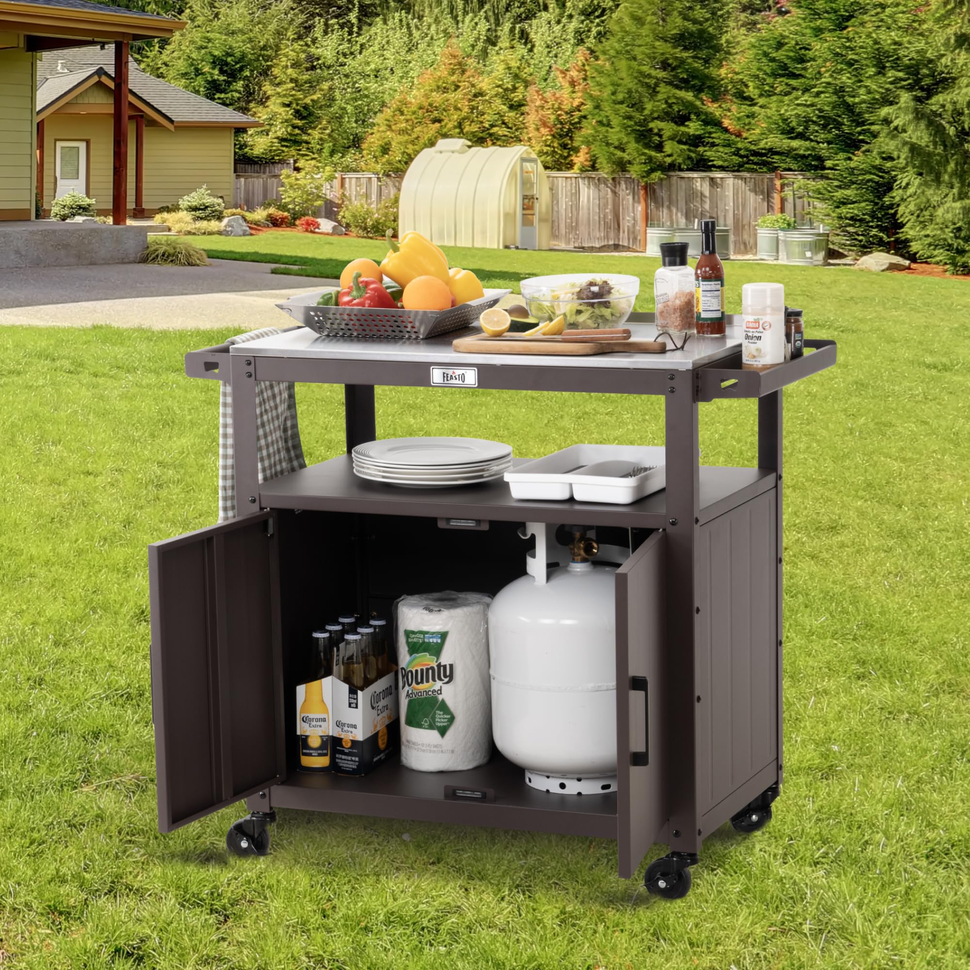 Outdoor Grill Cart with Stainless Steel Tabletop and Storage Cabinet