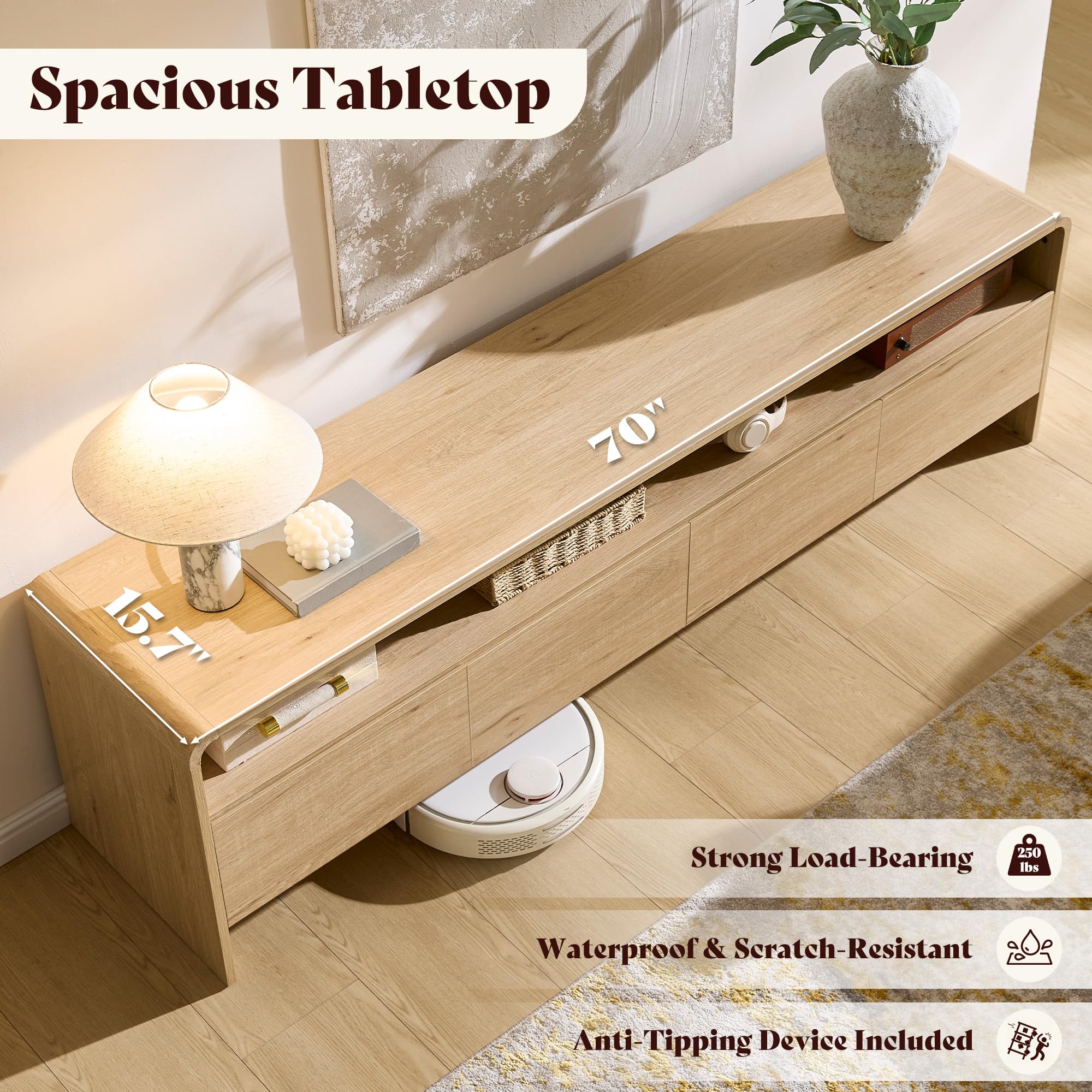 70" Modern TV Stand with Curved Profile & Storage Cabinets