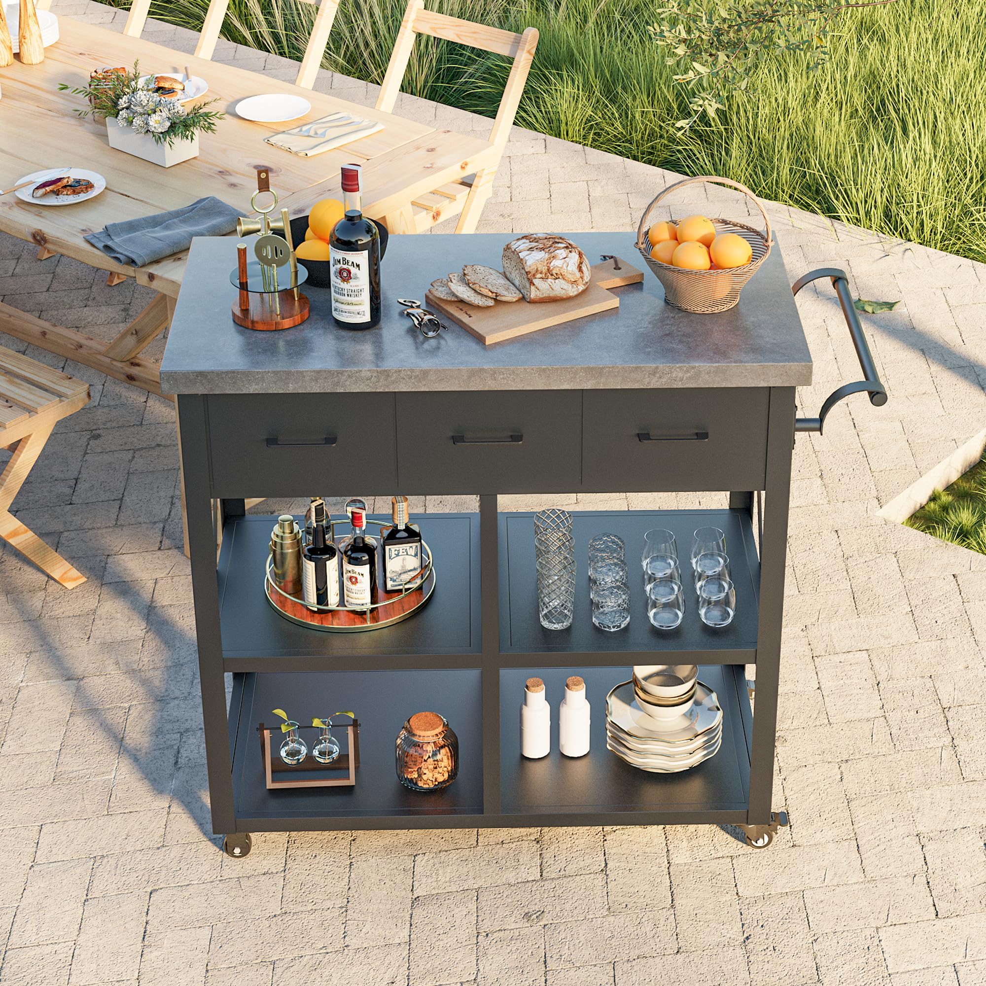 39" Outdoor Grill Table with 3 Drawers and Marble-Textured Top
