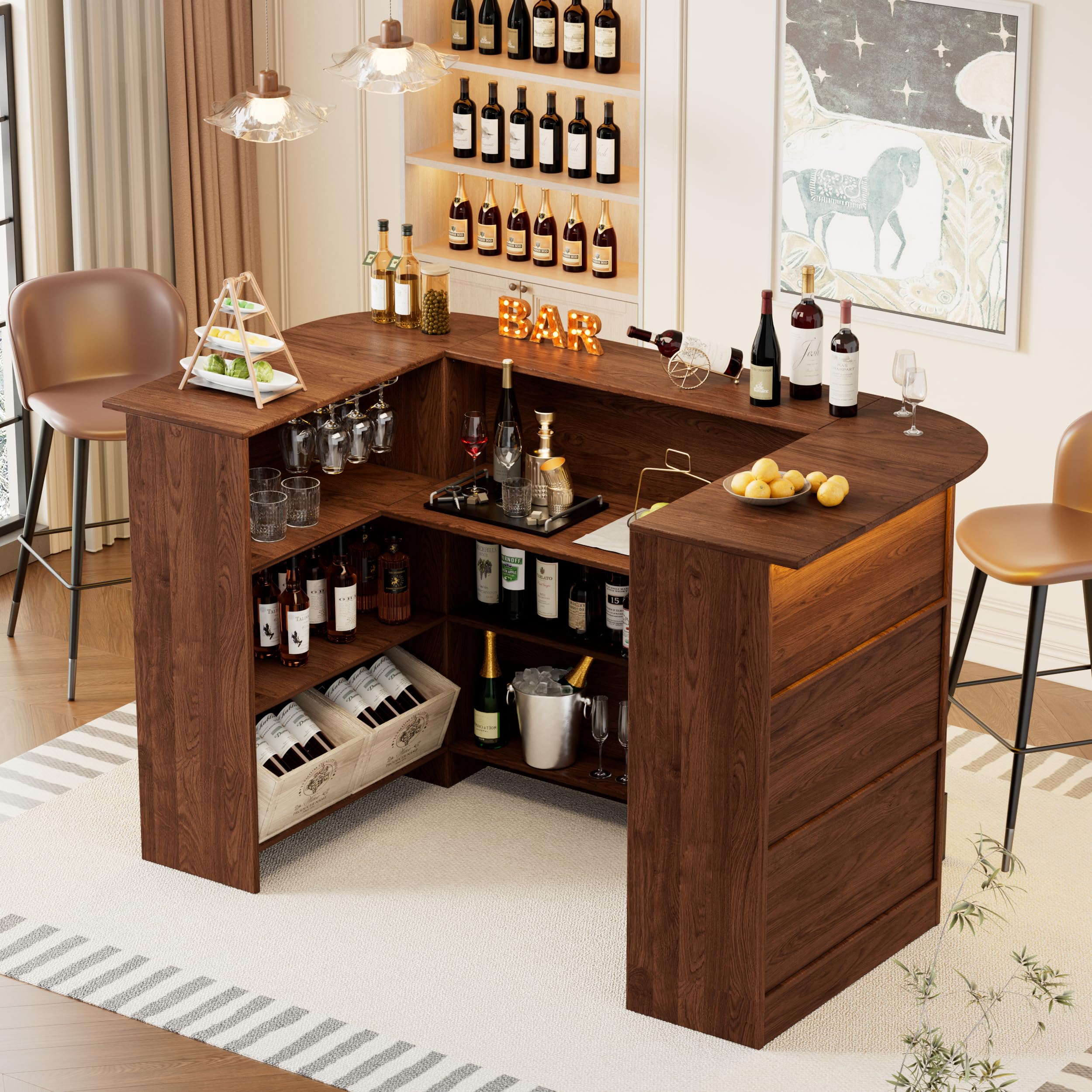 Home Bar Cabinet with LED Light & Stemware Holders