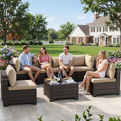 7-Piece Rattan Patio Furniture Set with Coffee Table