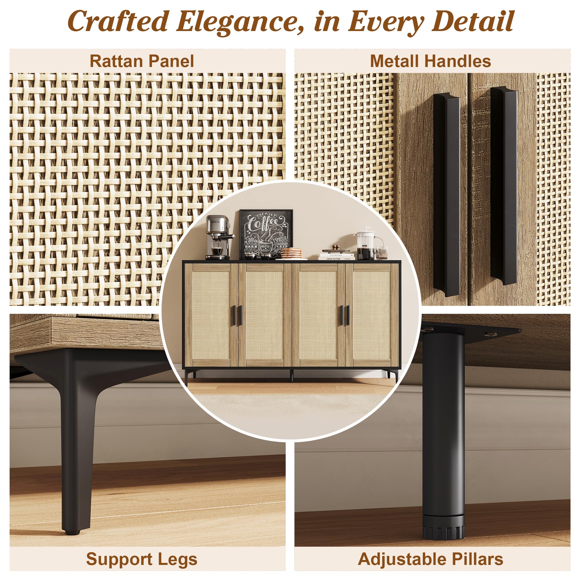 48" Rattan Buffet Cabinet with Adjustable Shelves