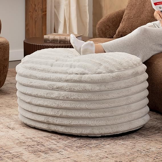 Faux Fur Accent Pouf Ottoman - Large Midnight Blue