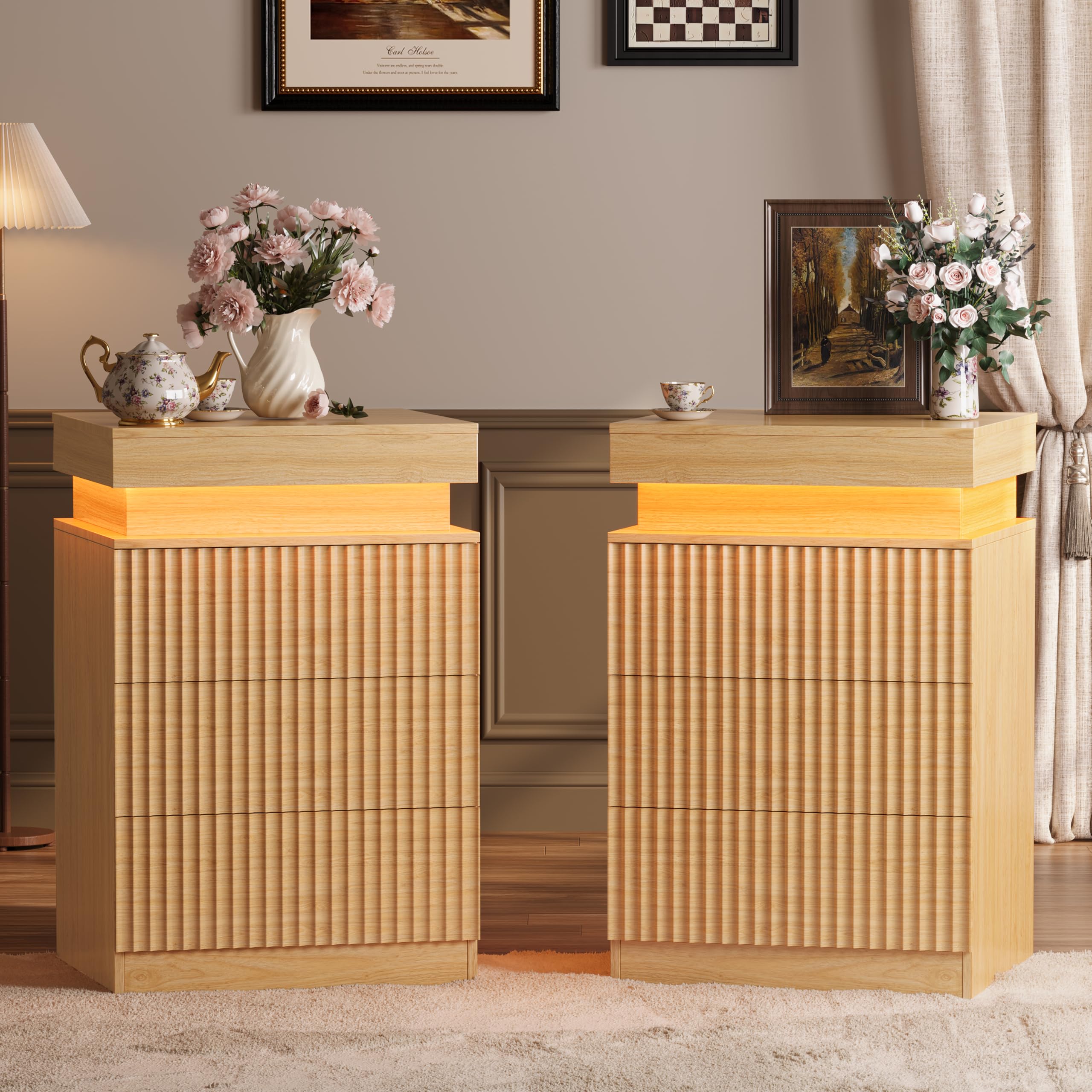 Mid Century Modern Nightstand with LED Light and Charging Station