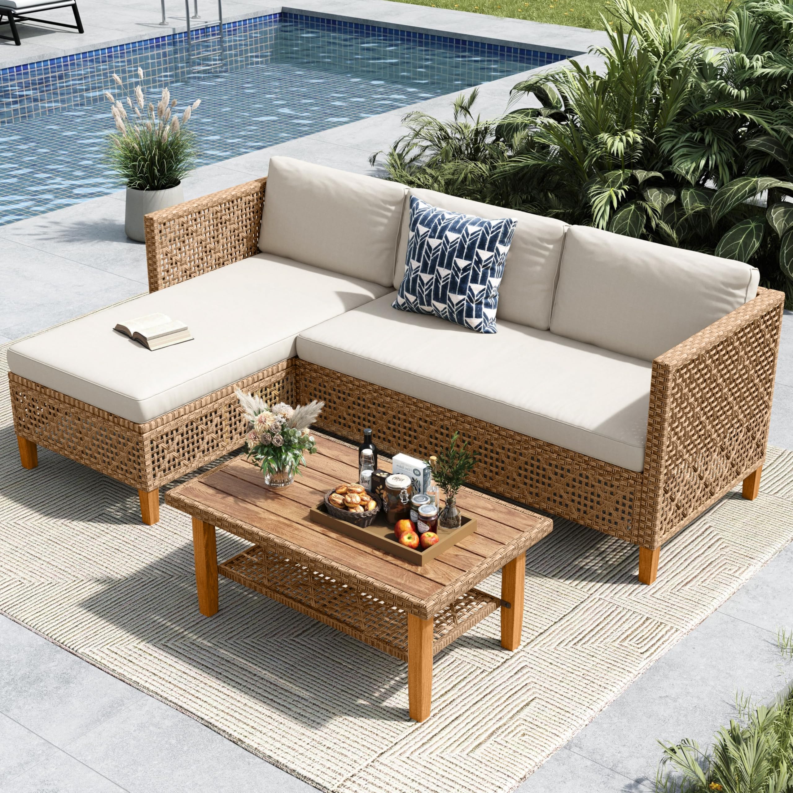 L-Shaped Outdoor Wicker Couch Set with Coffee Table