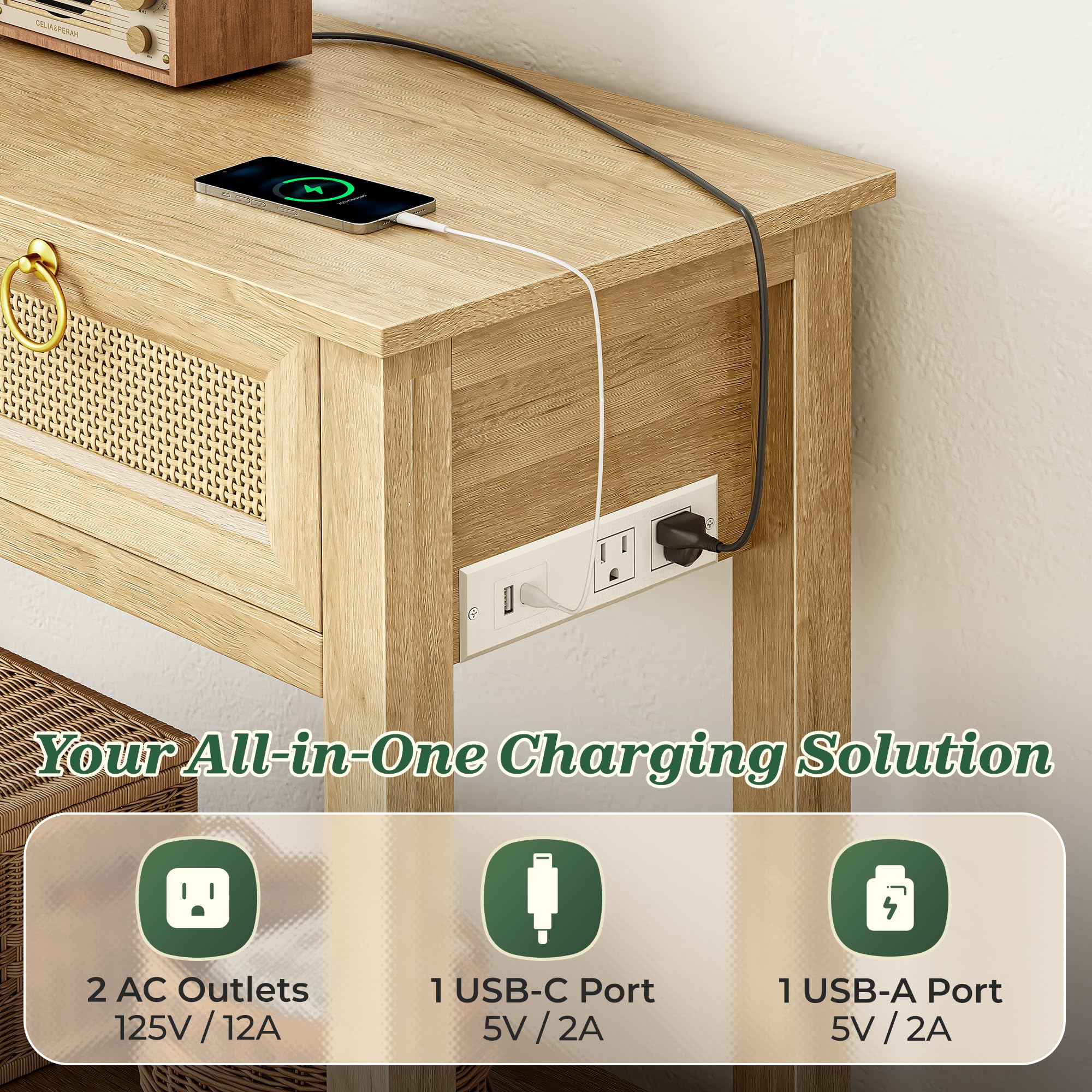 Rattan Console Table with Outlets and USB-C Port