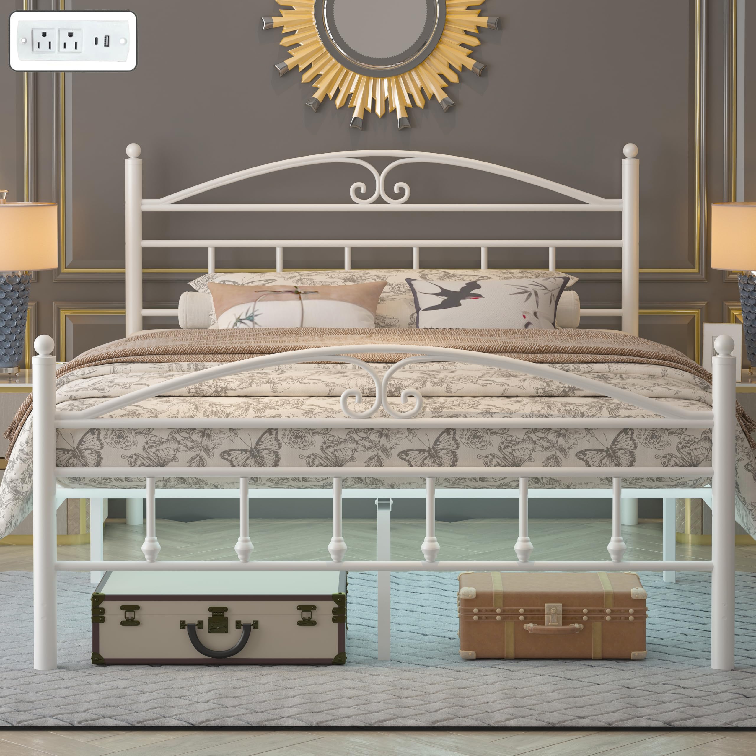 12 Inch Full Size Bed Frame with Charging Station and LED Lights