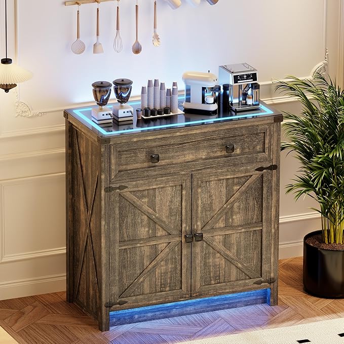 Buffet Cabinet with Storage and LED Lights