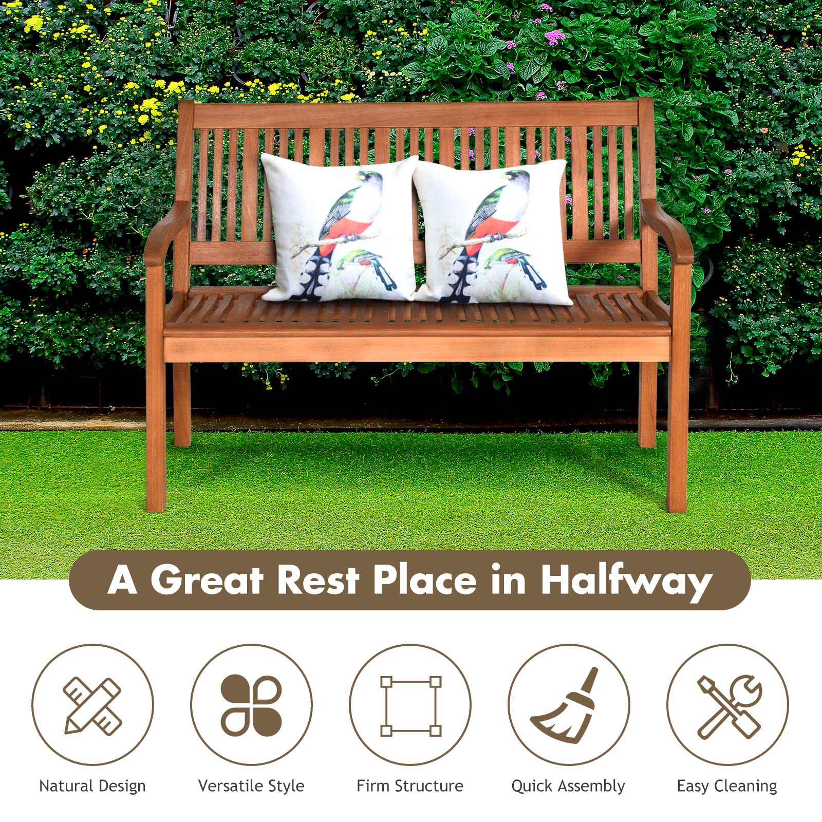 Eucalyptus Outdoor Loveseat Bench with Curved Armrests