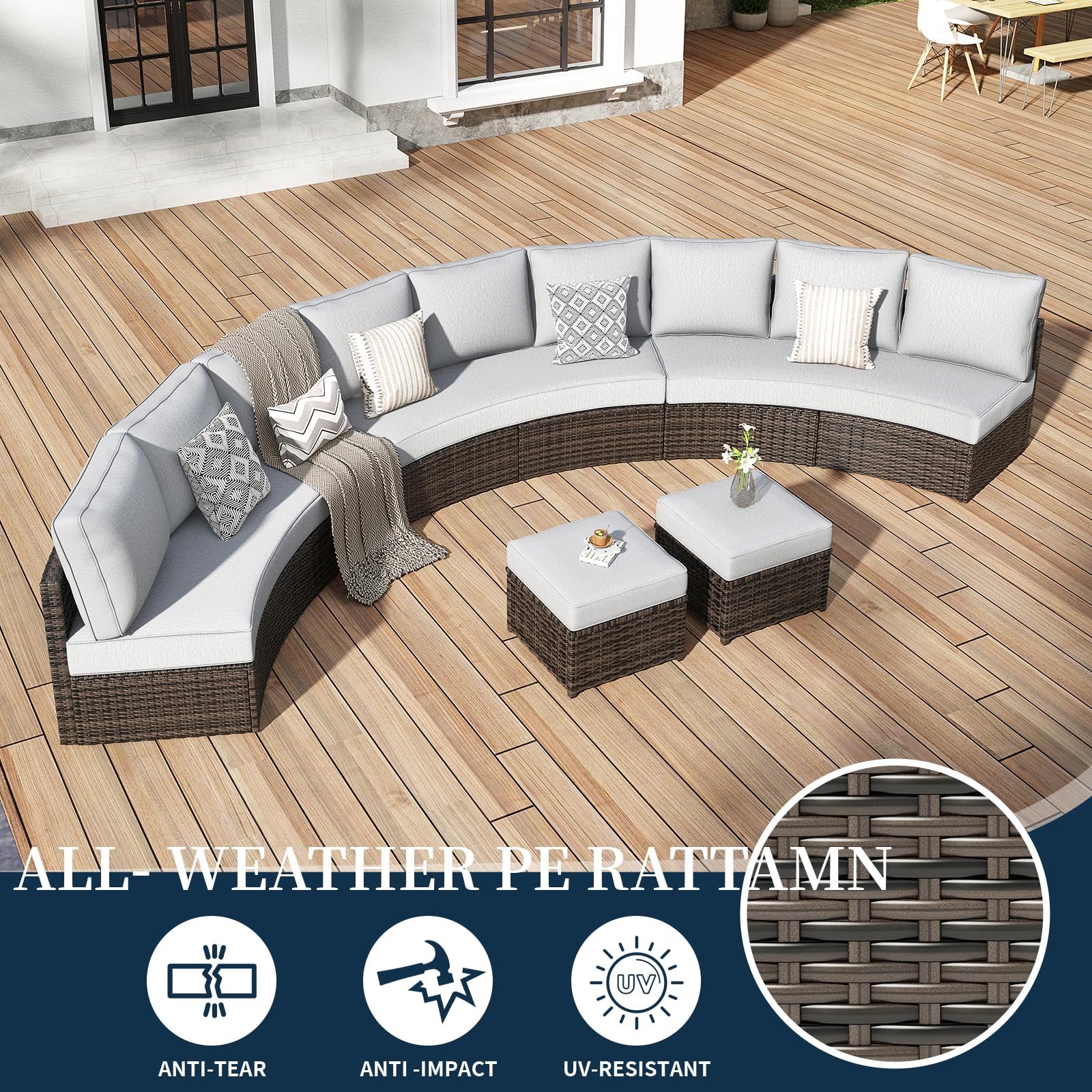 11 Piece Half Moon Outdoor Patio Furniture Set with Cushions and Ottoman
