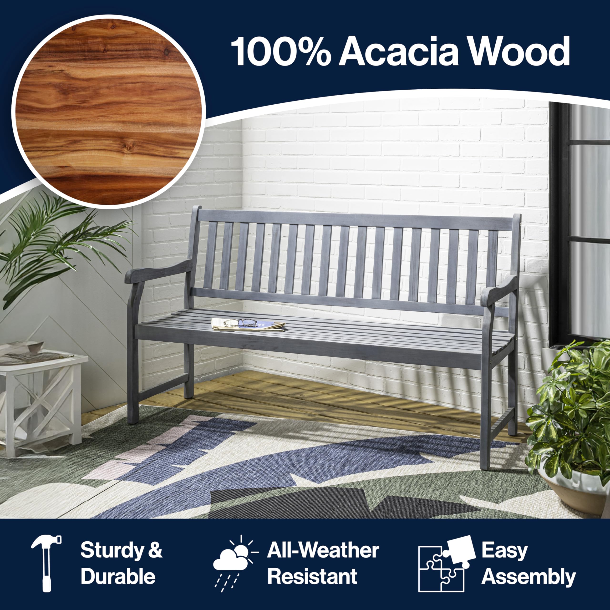 Laurel 59" 3-Seat Acacia Wood Garden Bench