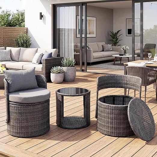 3-Piece Wicker Patio Bistro Set with Storage