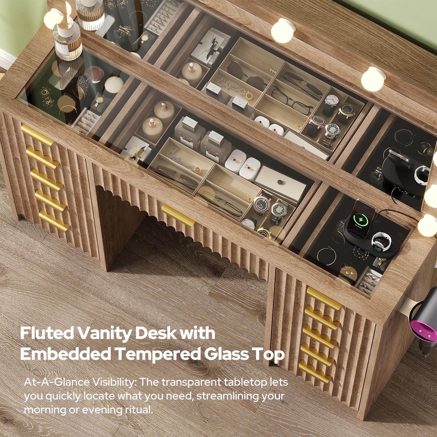 15 Drawer Fluted Vanity Desk with Glass Top and LED Mirror