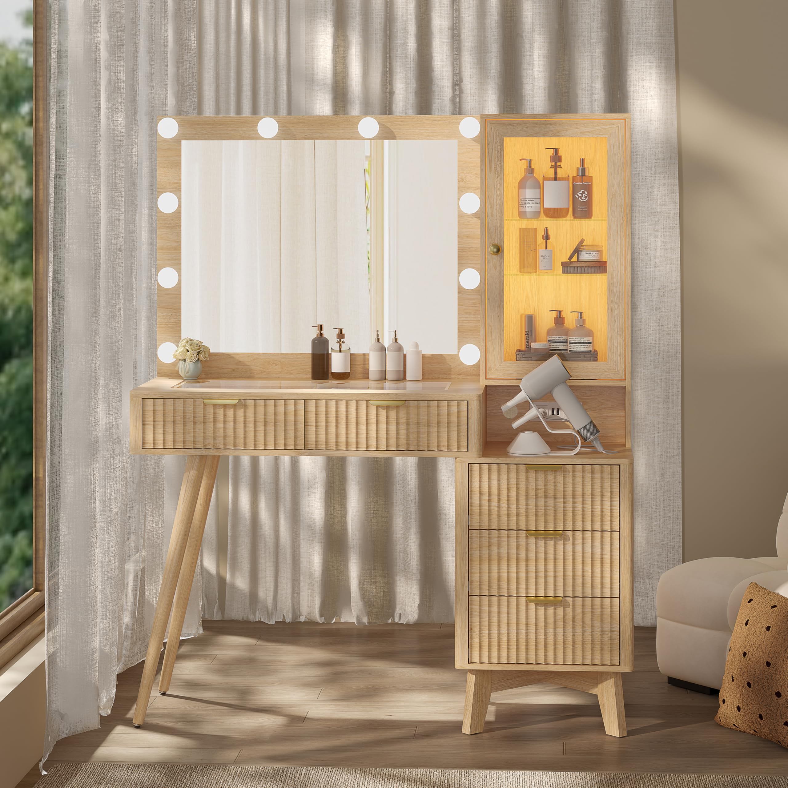 45" Fluted Vanity Desk with Mirror and Lights