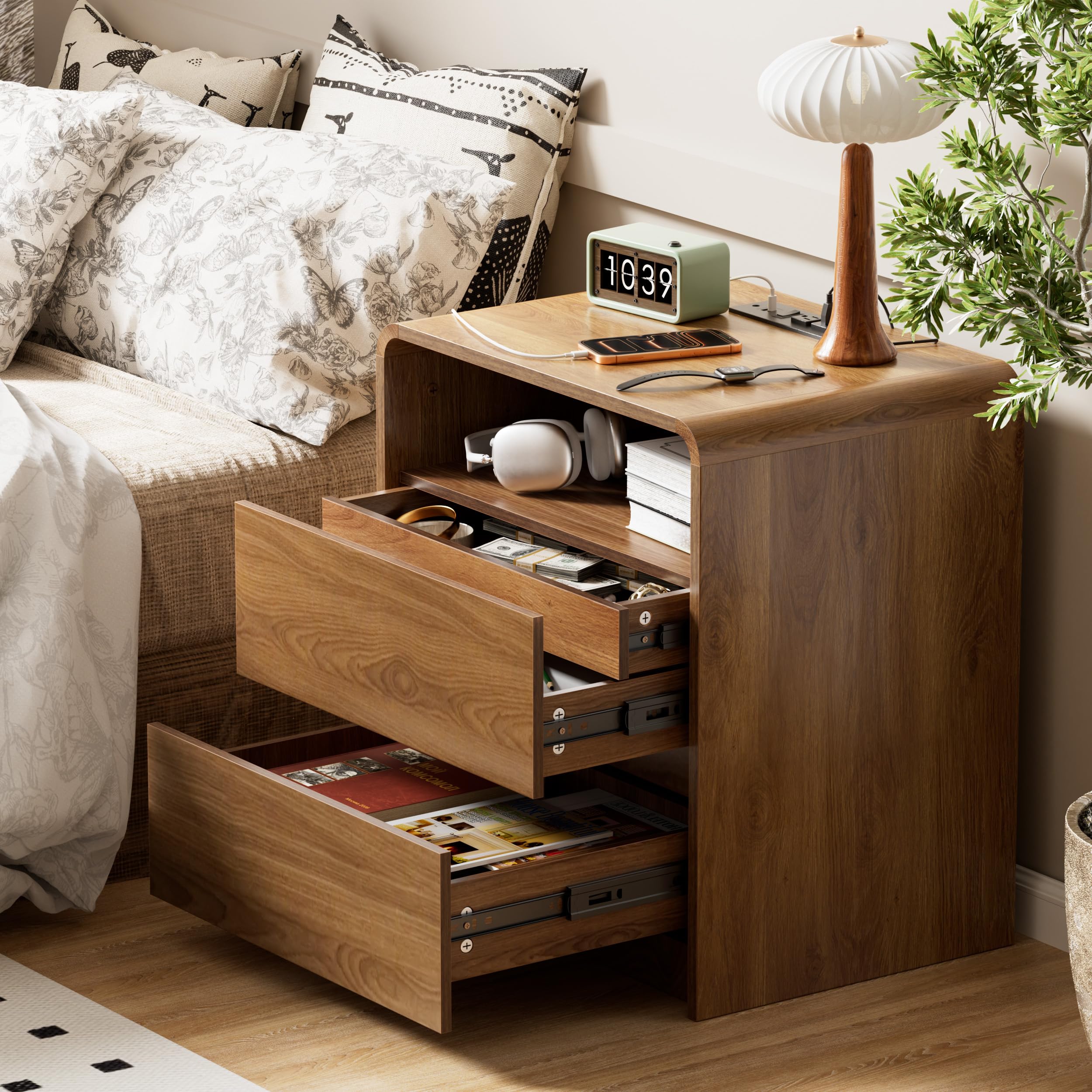 Modern Nightstand with Hidden Drawers and Charger Station