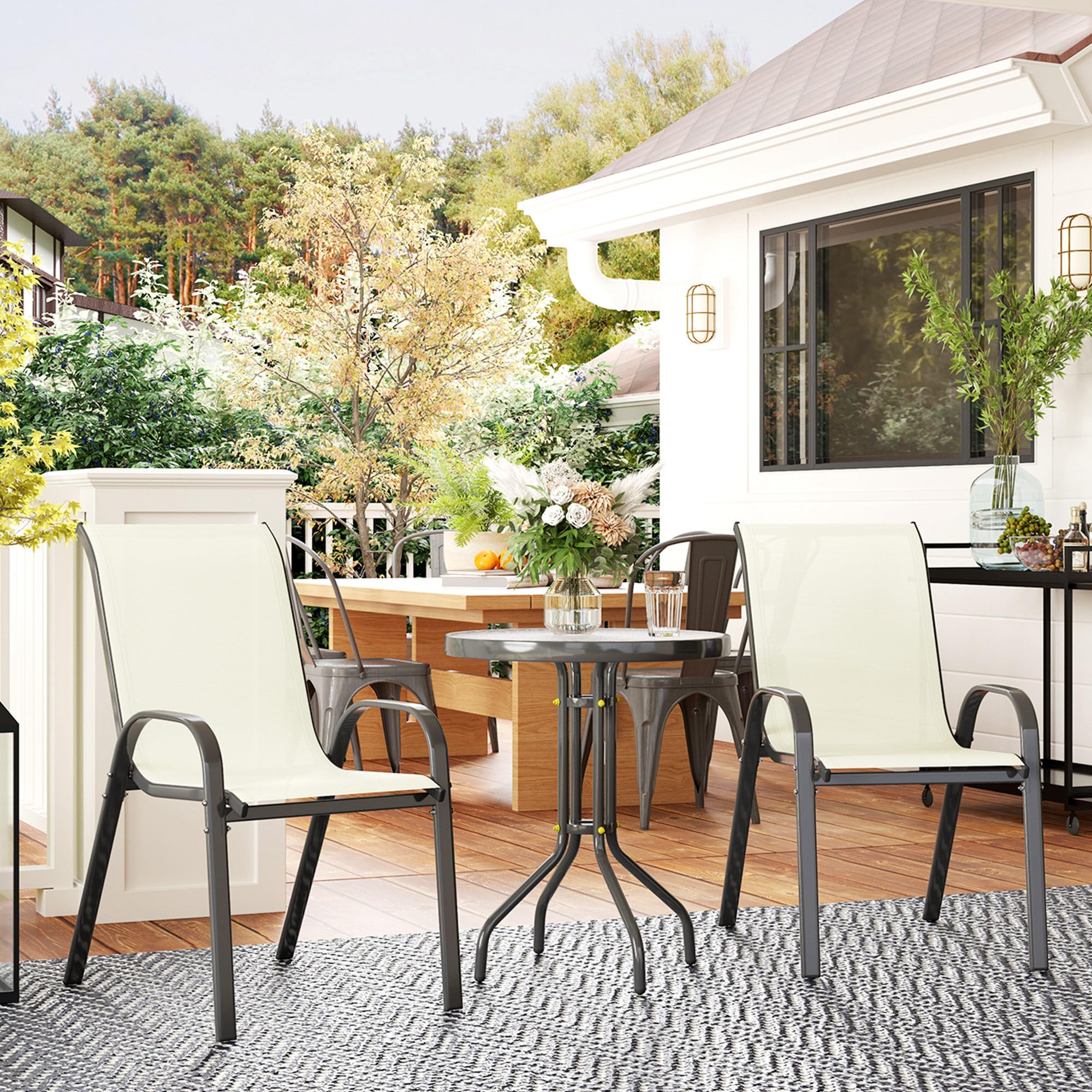 3-Piece Outdoor Bistro Set with Stackable Chairs and Glass Table