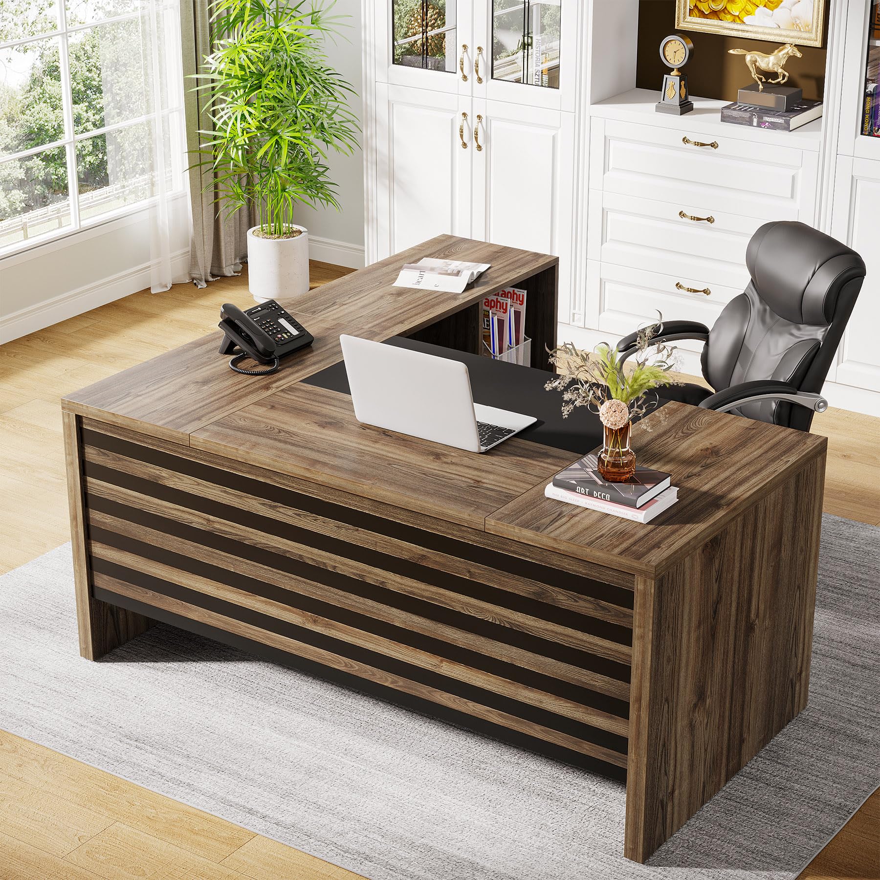 62.2" L-Shaped Executive Desk with Mobile File Cabinet