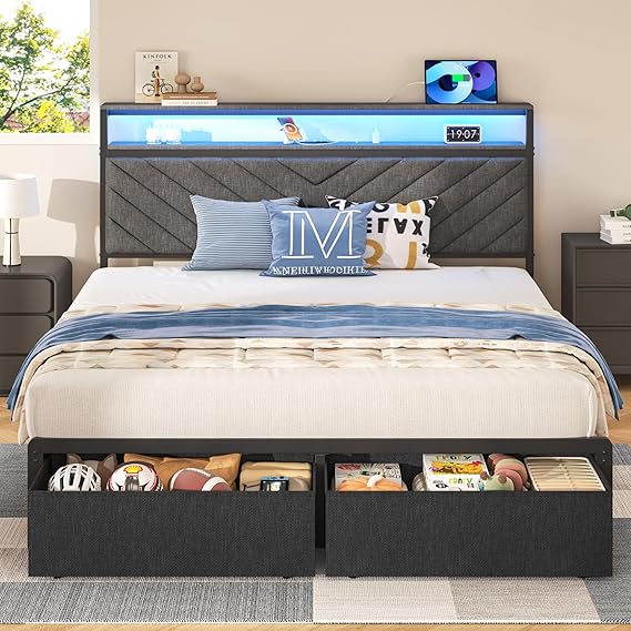 Twin Bed Frame with Charging Station and LED Lights