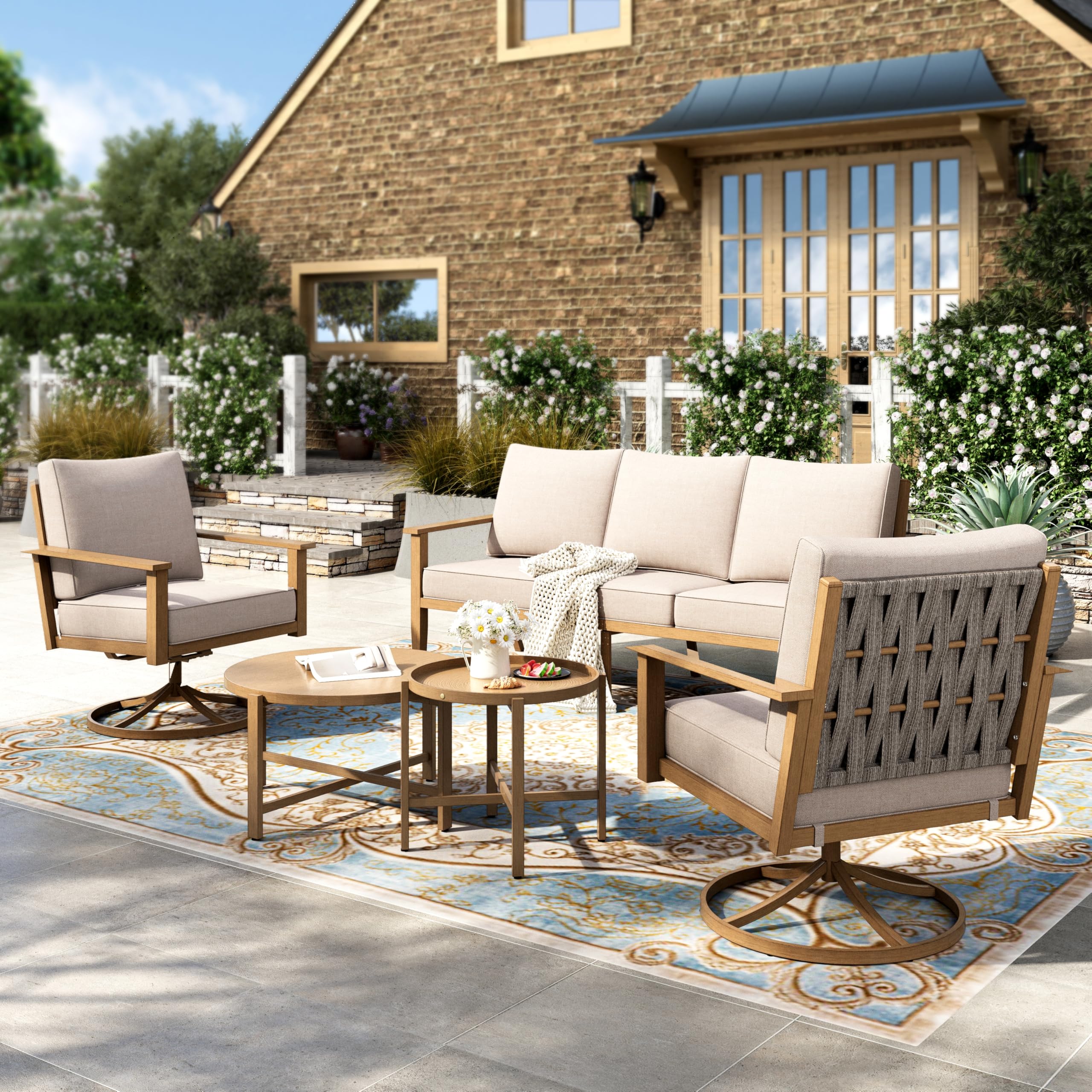 5-Piece Outdoor Patio Conversation Set with Swivel Chairs