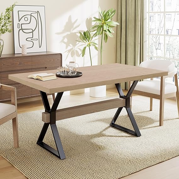 63 Inch Farmhouse Dining Table with X-Shaped Metal Legs