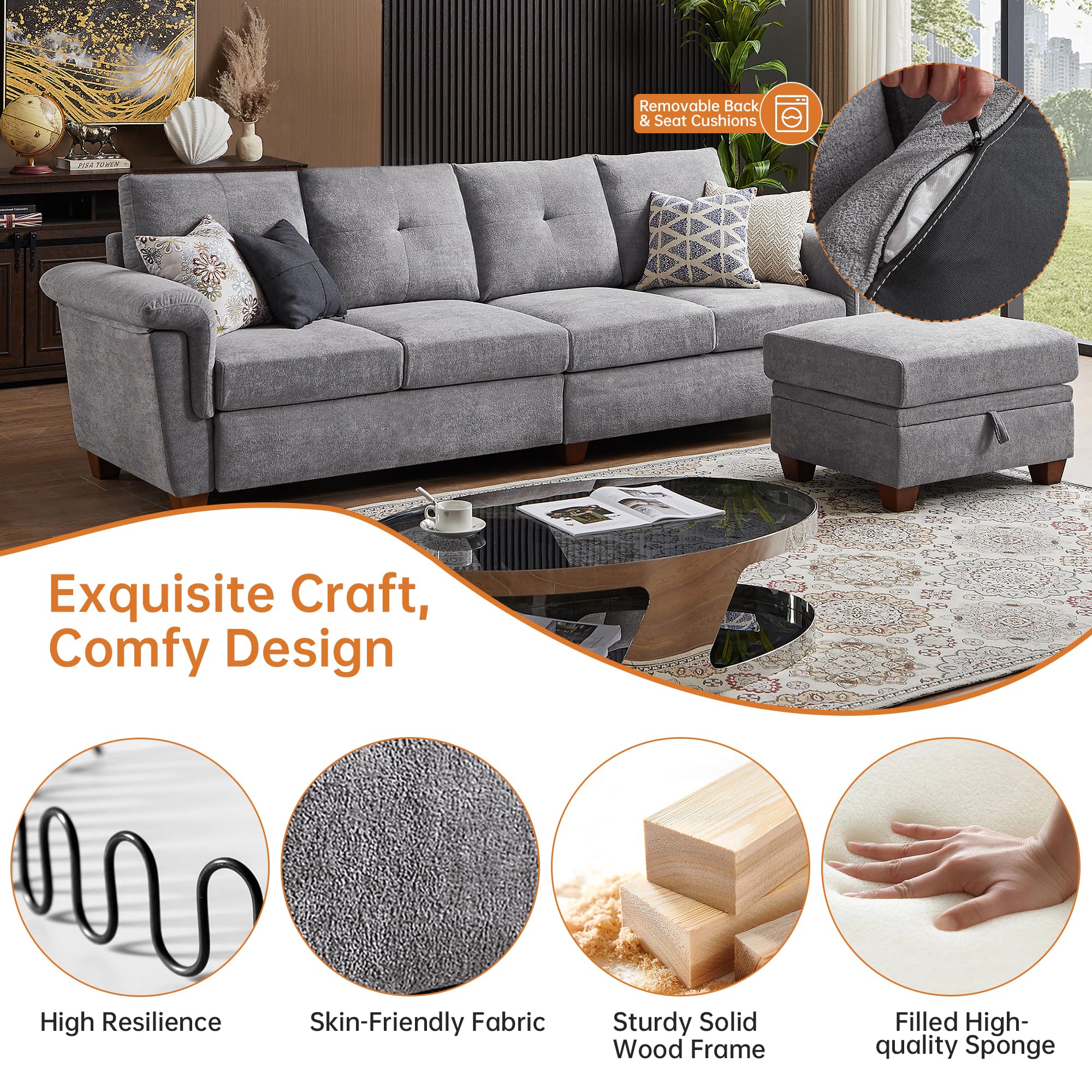 108" Convertible L-Shaped Sectional Sofa with Ottoman and Storage