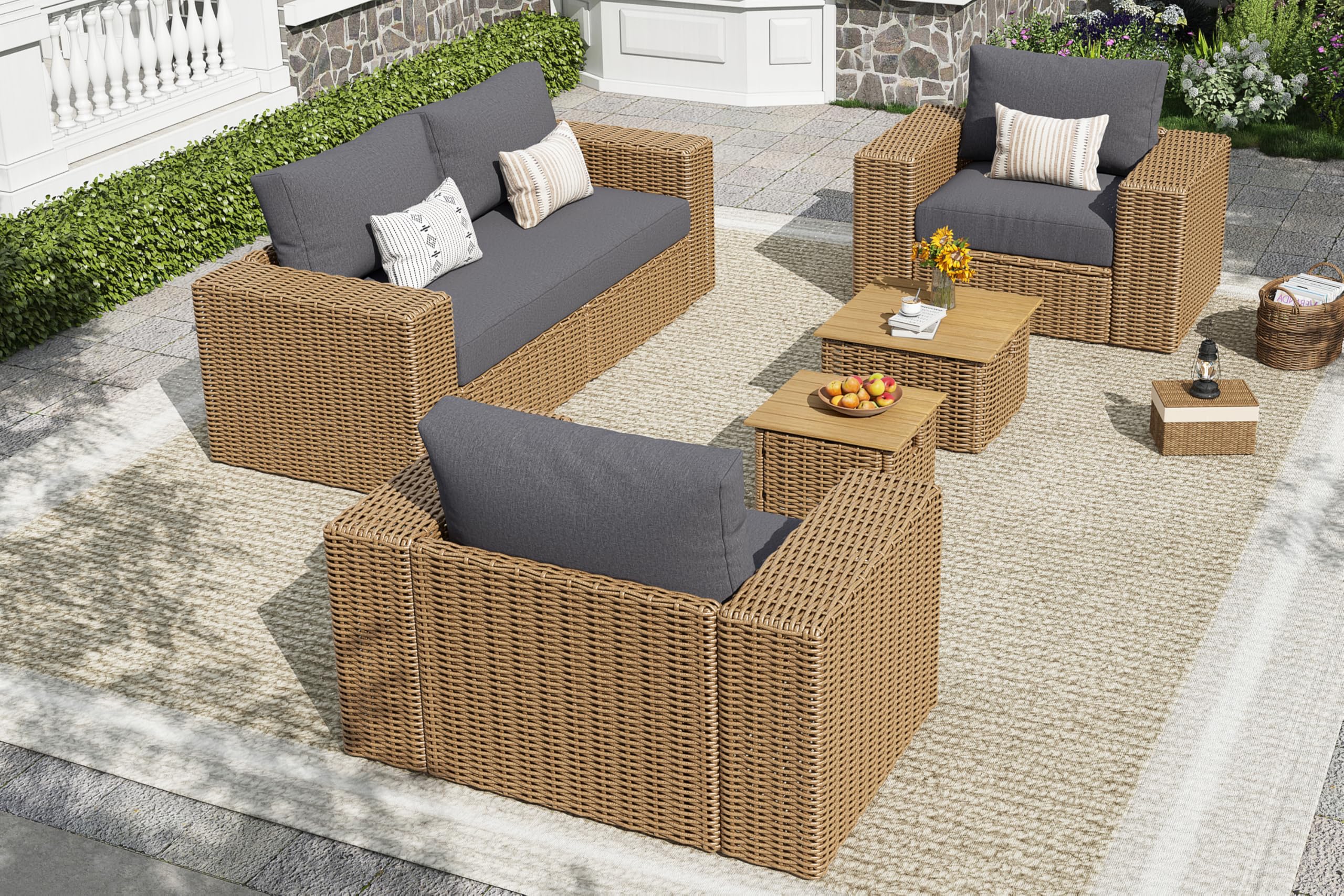 6-Piece Patio Sofa Set with Convertible Coffee Table